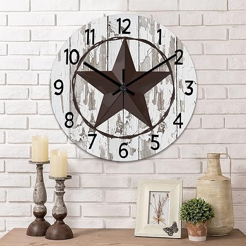 Reloj de pared redondo de estilo clásico con estrella de Texas occidental, reloj de madera, silencioso, sin tictac, funciona con pilas, fácil de