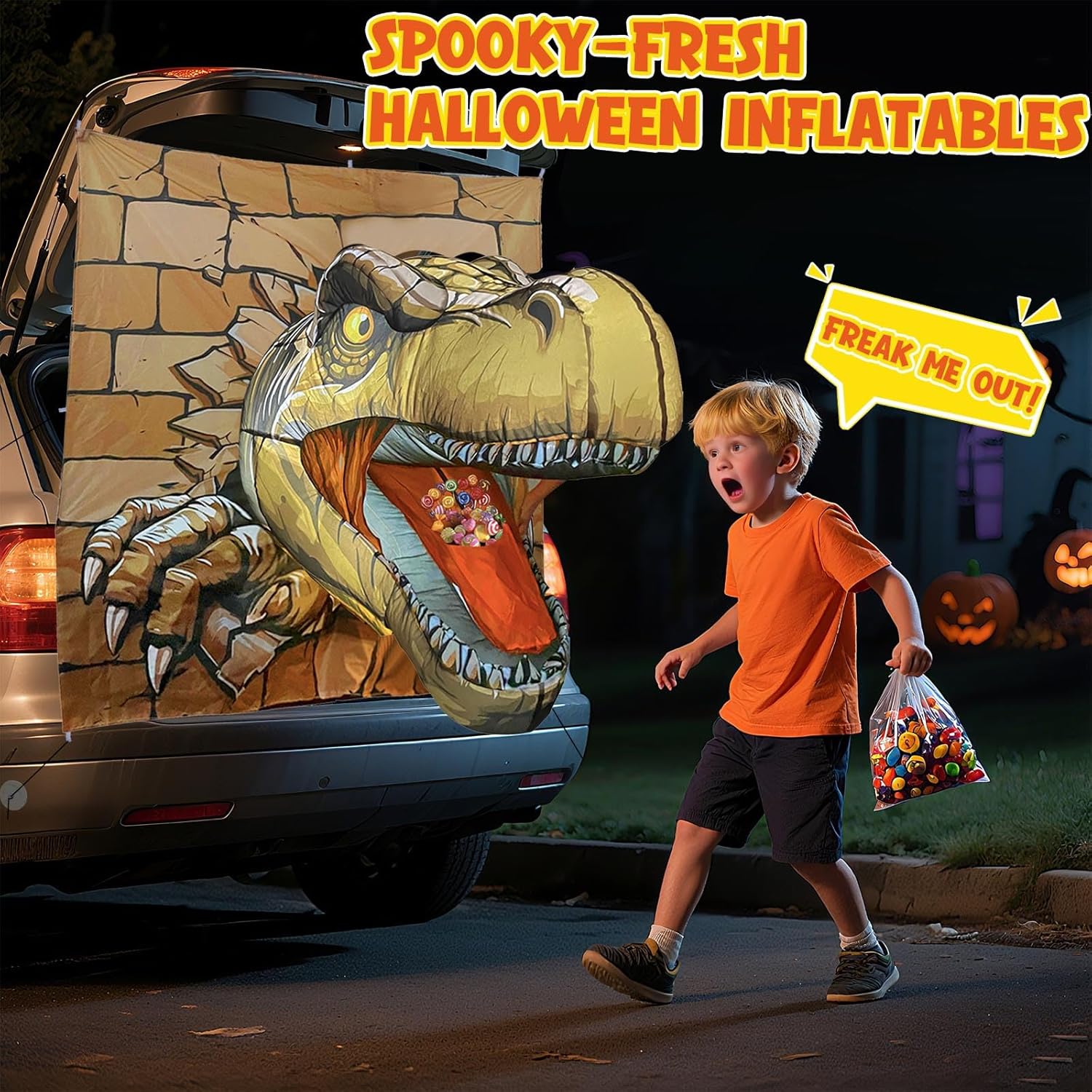 2025 Halloween Trunk or Treat Car Decorations, T-Rex Theme Halloween Car Inflatable Decor, Built-in LED Lights & Candy Pocket for Outdoor Trunk Parties & Events