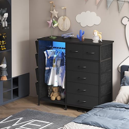 Miniatura 2 de Cómoda de 6 cajones para dormitorio con perchero, cómoda con bolsillos laterales y ganchos, estación de carga y luces LED, parte superior de madera,