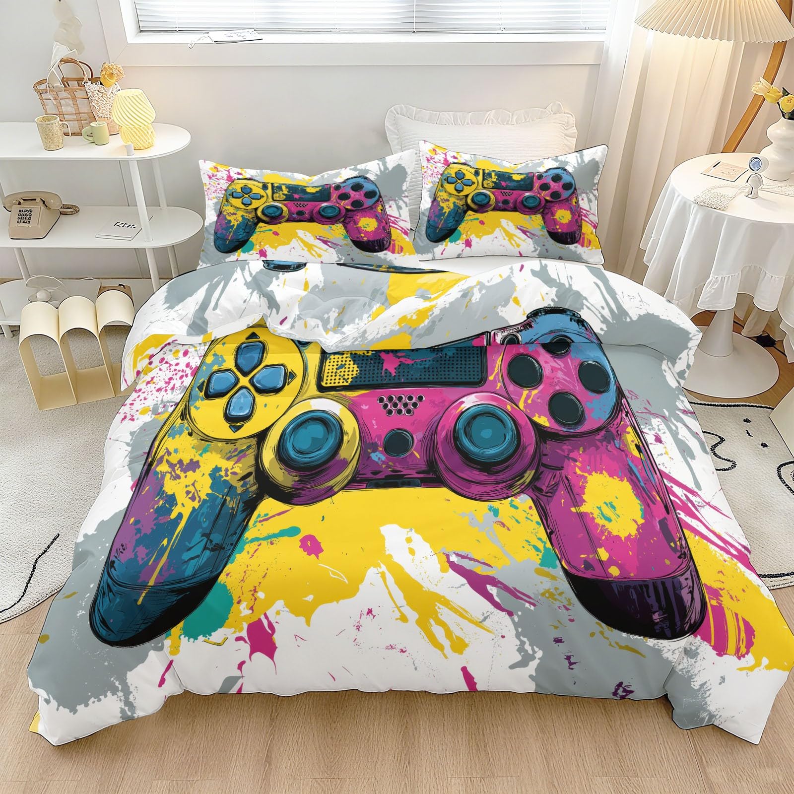 Controller Per Videogiochi Arte Cartoni Animati Set Copripiumino Matrimoniale 180x220cm,con 2 federe,Parure Copripiumino Microfibra con Stampa Digitale,Colorato Biancheria da Letto Decorativo