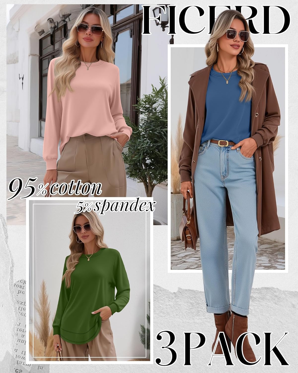 Ficerd 3 Pack Women's Long Sleeve Shirts, Cotton Crew Neck Tunic Tops Casual Loose Fit Pullover Sweatshirts Curved Hem Shirts - Image 2