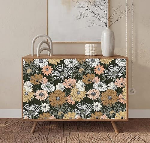 Miniatura 4 de Papel tapiz floral verde de 394 pulgadas, papel de contacto de flores vintage bohemio texturizado, retro, autoadhesivo, extraíble, rollo de vinilo