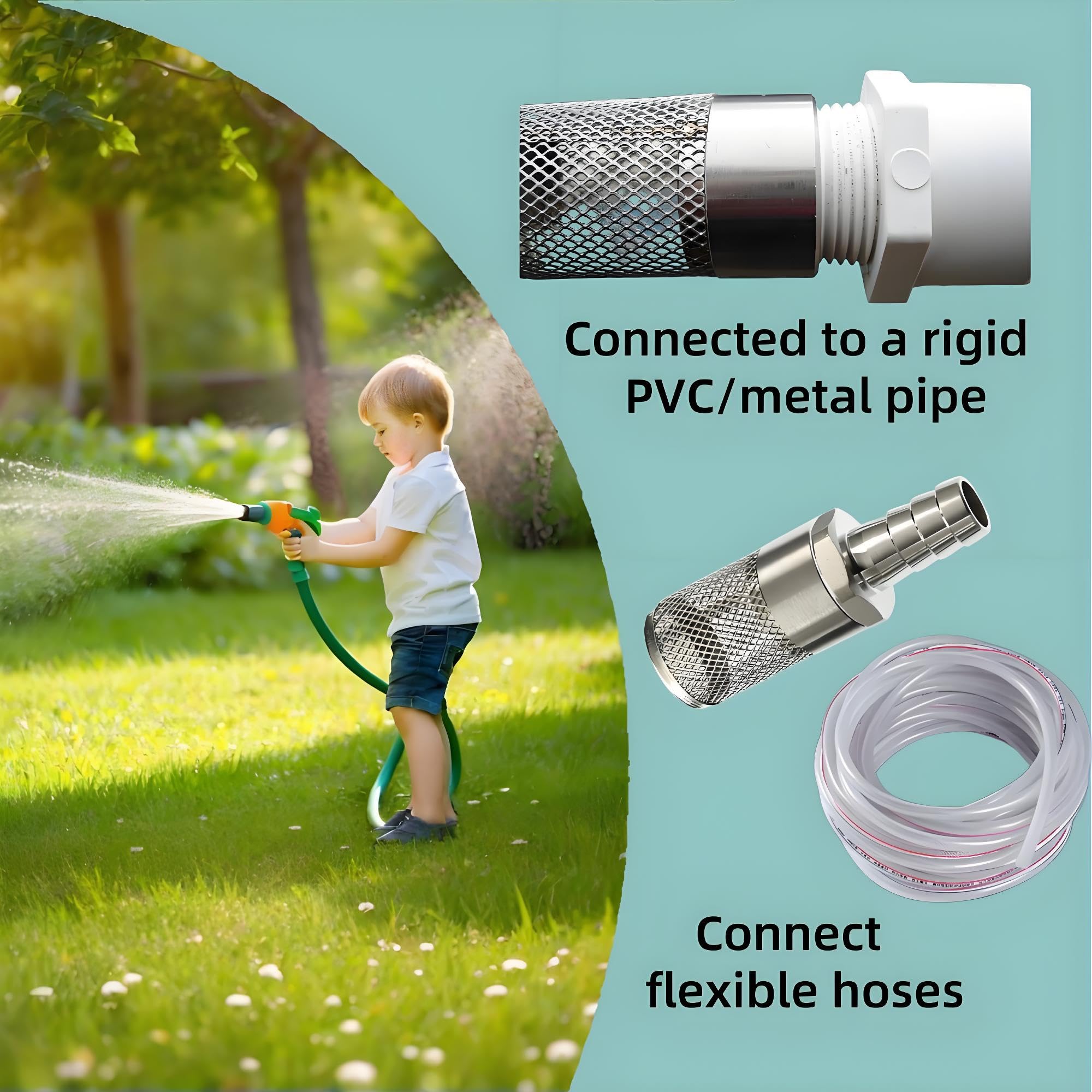 2 filtros de malla para manguera de jardín de acero inoxidable 304 G1.5 pulgadas con accesorios de manguera de púas de 25 mm, colador de succión de entrada, filtro de entrada para riego de
