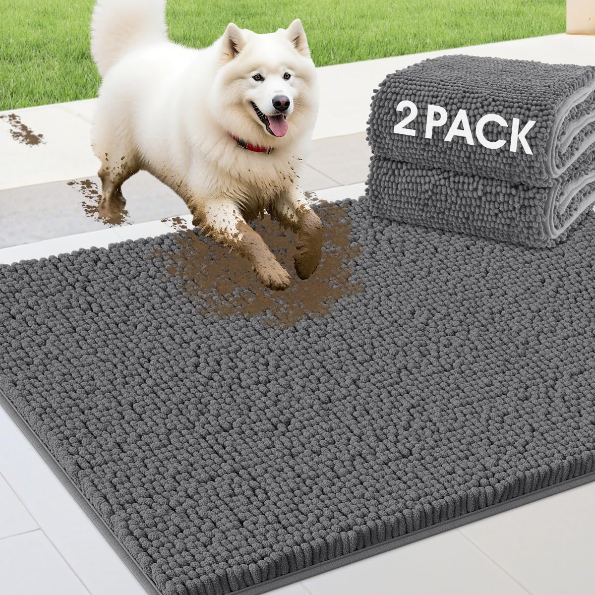 Tapis de porte pour chien IM HOME en chenille ultra douce gris lot de 2