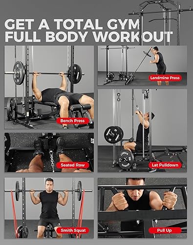 Miniatura 8 de Mikolo Smith Machine, Power Cage Home Gym, estante para sentadillas con sistema de tracción LAT y máquina de mosca de pecho, estante de potencia