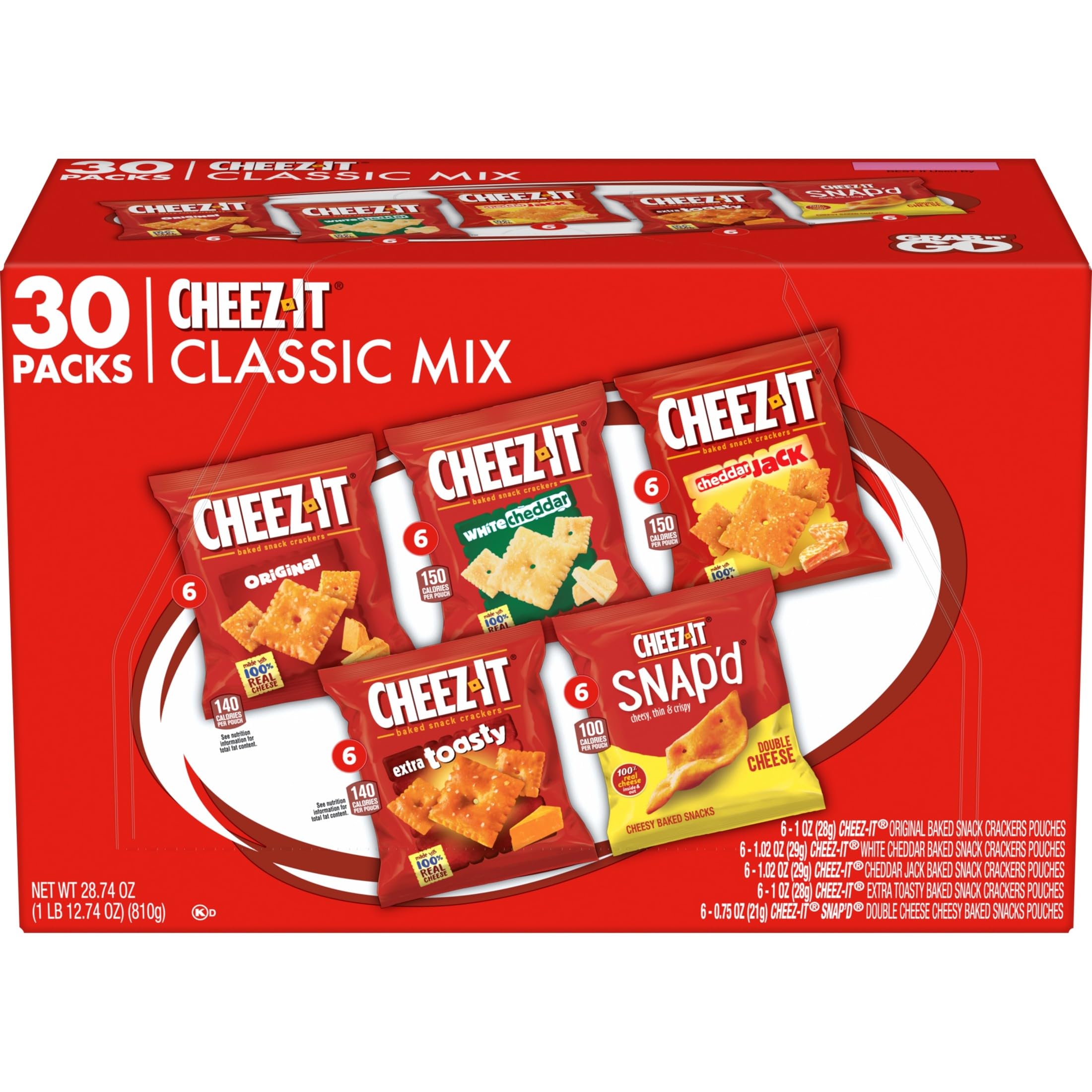 Cheese Crackers, Baked Snack Crackers, Office and Kids Snacks, Variety Pack, 28.74oz Box (30 Packs)