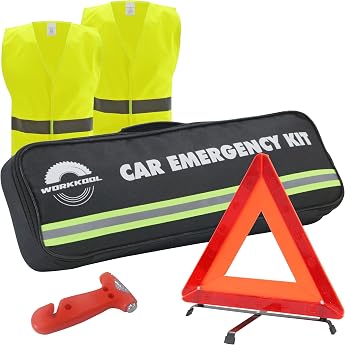 Car Emergency Kit with Warning Triangle Warning Vest and Emergency Hammer Safety Triangle and Safety Vest Window Breaker and Safety Belt Cutter for Car Bus Car Truck 4 in 1 Set with Carry Bag