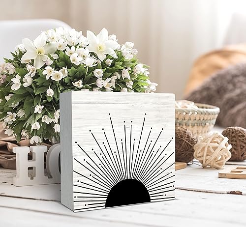 Miniatura 3 de SRADMO Caja de madera rústica abstracta bohemia con diseño de amanecer y amanecer, puesta de sol y rayos de sol, decoración de escritorio, arte