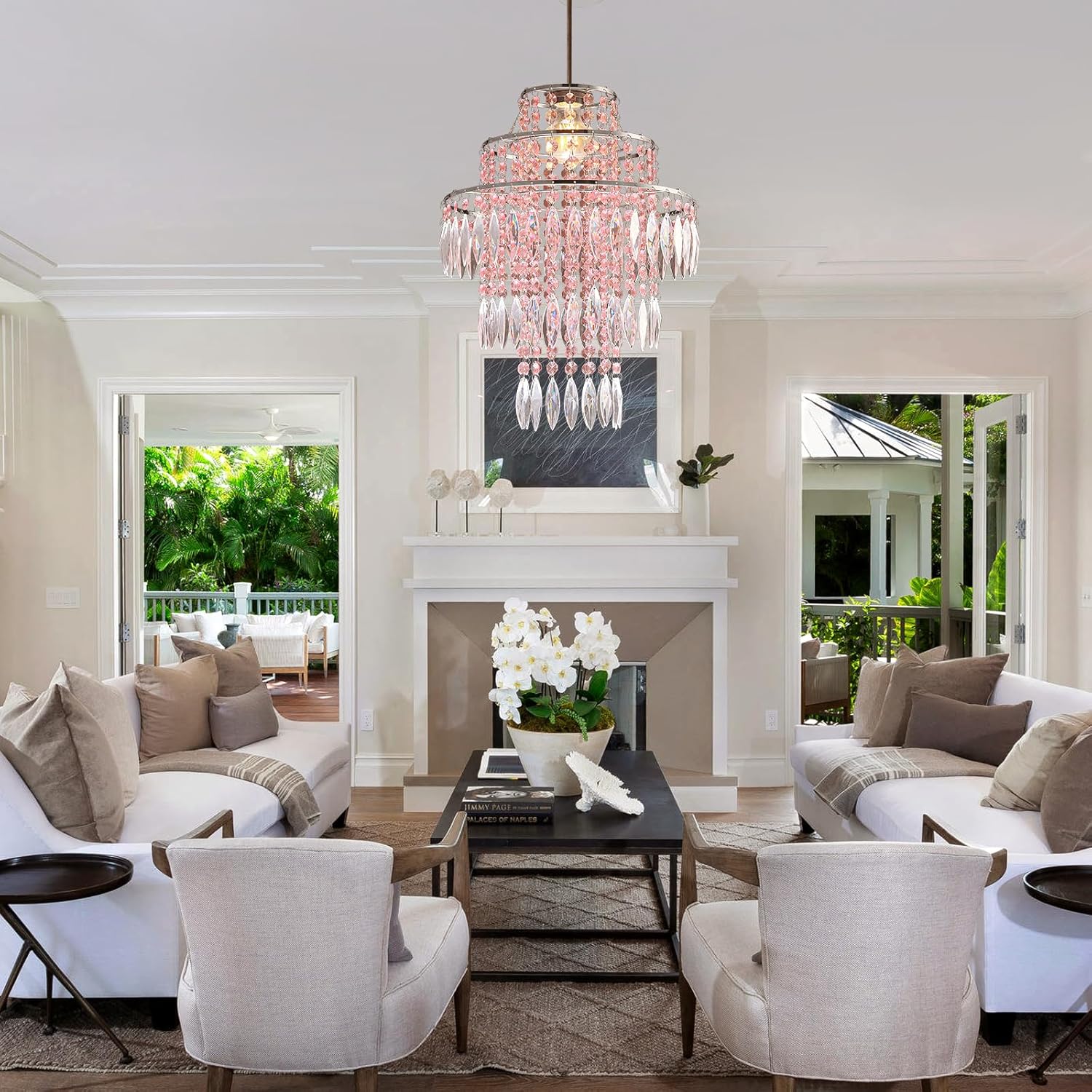 3 Tiers Acrylic Chandeliers lamp Shade, Pink Acrylic Beaded Chandelier,Pendant Ceiling Light Shade for Wedding Bedroom Hallway Bathroom - Diameter 13.7''*H17.7''