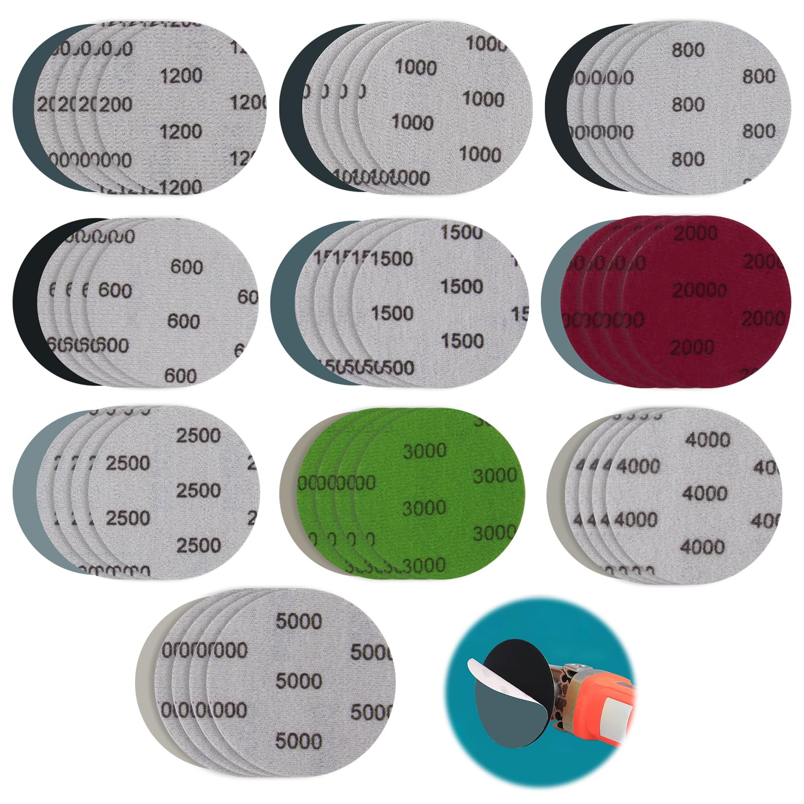 50 Discos de Lija 75mm Autoadherentes Grano 600 a 5000 Papel de Lija al Agua Seco y Húmedo para Pulir Faros Coche Metal Madera Pintura Plástico y Acabado Fino