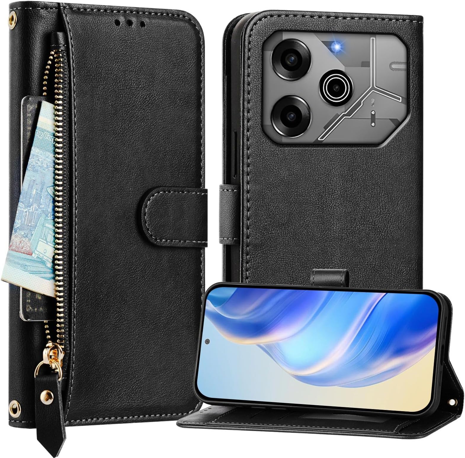 Wallet Case Compatible with Infinix Tecno Spark Go 2021 cover, PU Leather Flip Stand Phone Case with 7 Card Slots & Hand Strap, Shockproof Protection Cover for Infinix Tecno Spark Go 2021 (Black)