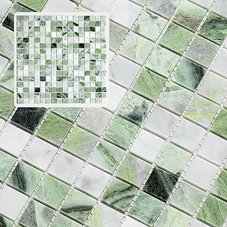 Midcard 6 Sheets Emerald Green and Carrara White Marble Square Mosaic backsplash Tiles, Polished Shower Room Floor and Wall Tiles