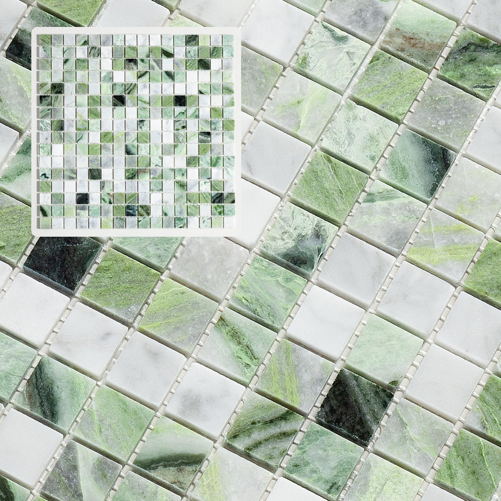 Midcard 6 Sheets Emerald Green and Carrara White Marble Square Mosaic backsplash Tiles, Polished Shower Room Floor and Wall Tiles
