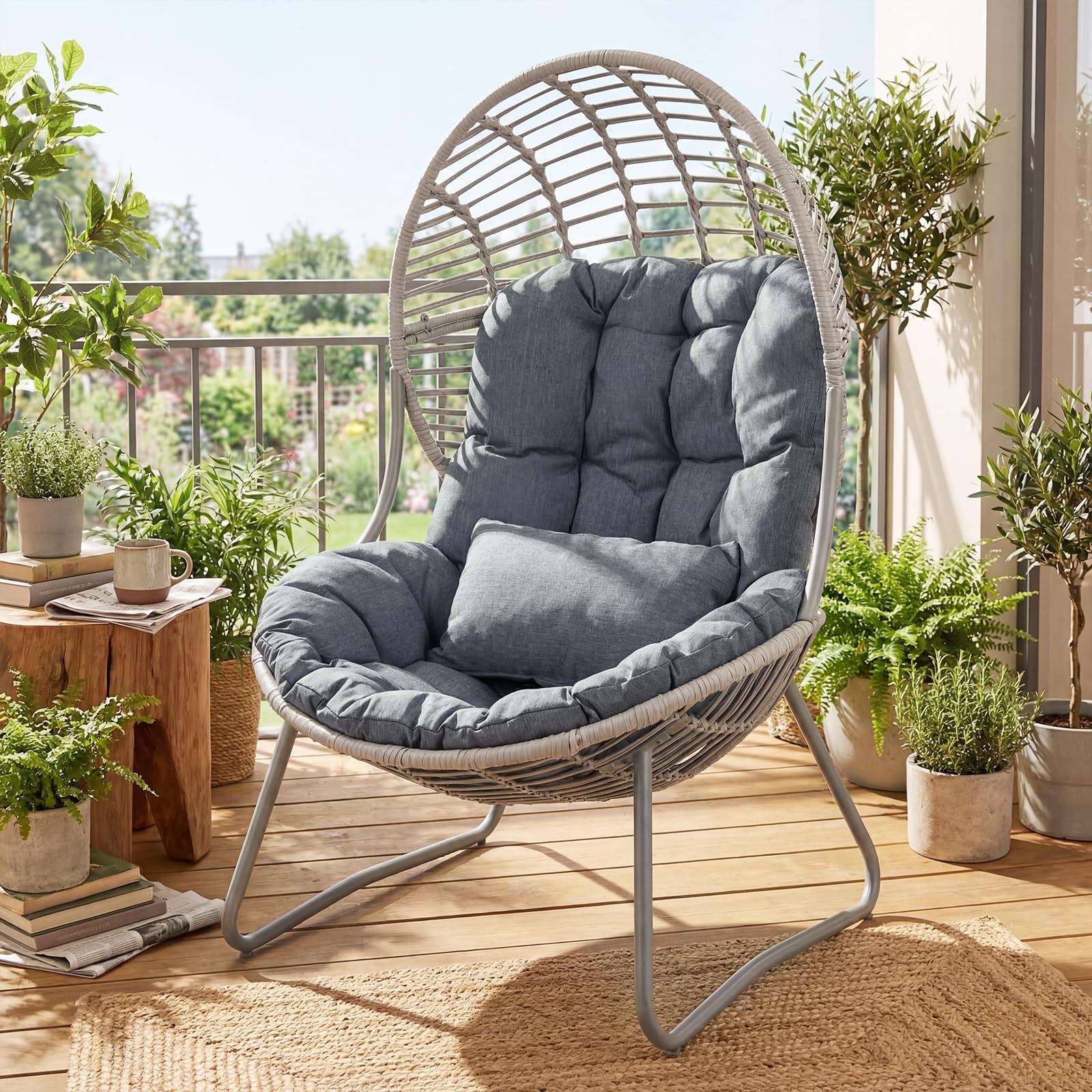 COSTWAY Fauteuil Œuf sur Pied en Rotin PE, Coussins Amovibles