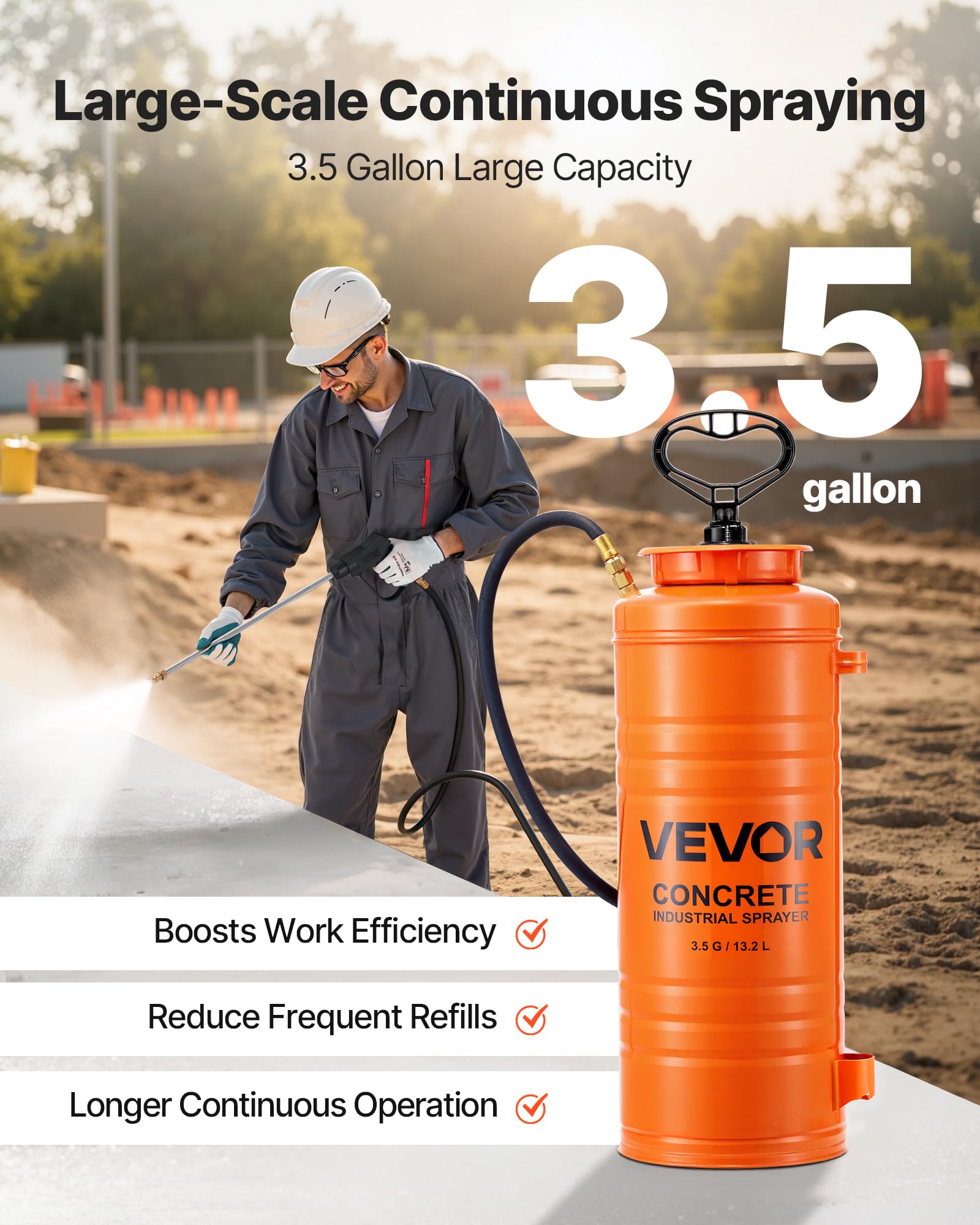 VEVOR Pulverizador de Hormigón Industrial, Pulverizador de Acero Inoxidable de Aprox. 13,2 L, Presión 25-60 PSI, Longitud de Lanza de 520 mm, 2 Boquillas de Latón, para Construcción y Jardín