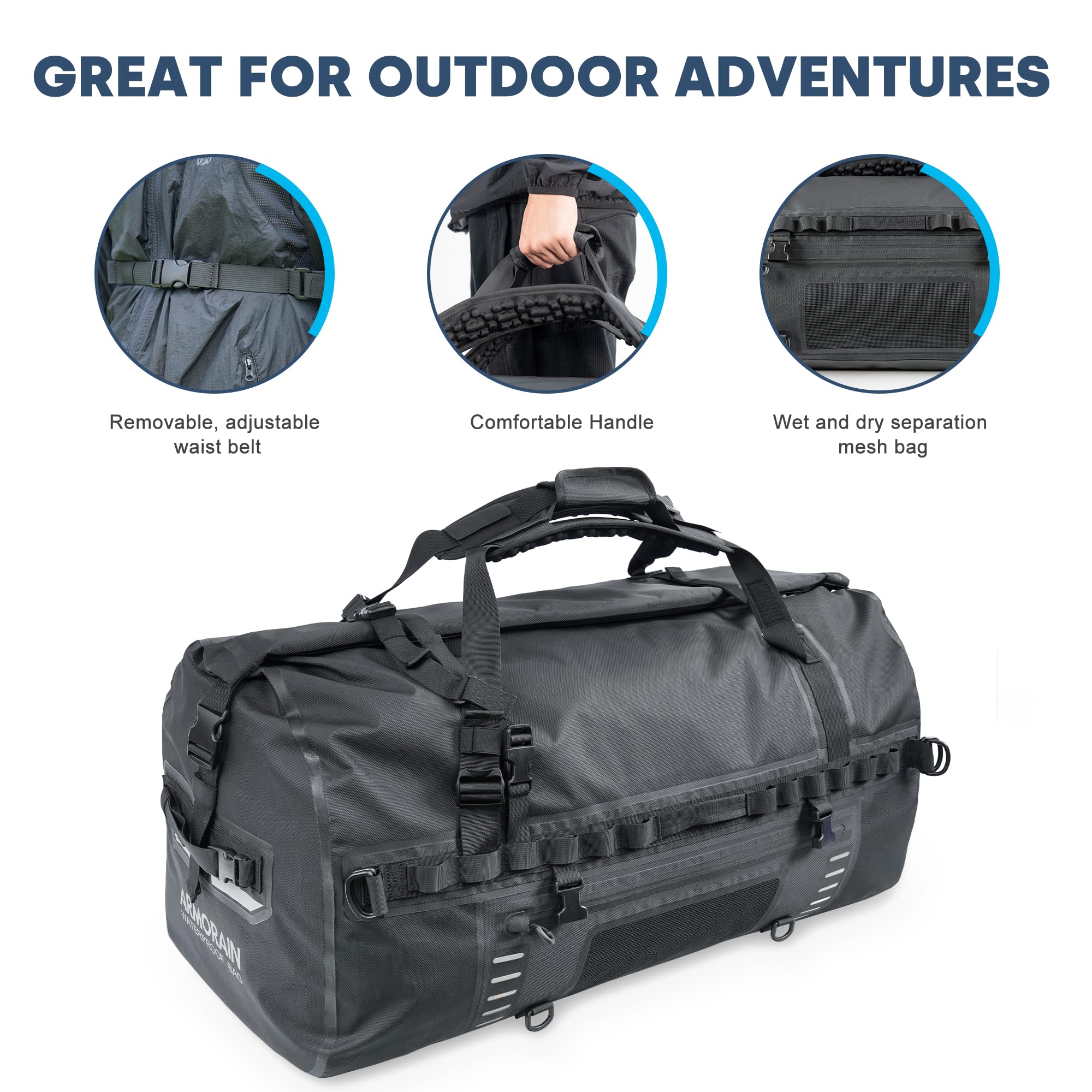 ARMORAIN 120-140L 大容量 気密 防水 旅行用ドライバッグ 丈夫な空気注入式ショルダーストラップとハンドル付き ダイビング用品 オートバイ ボート カヤック キャンプに最適