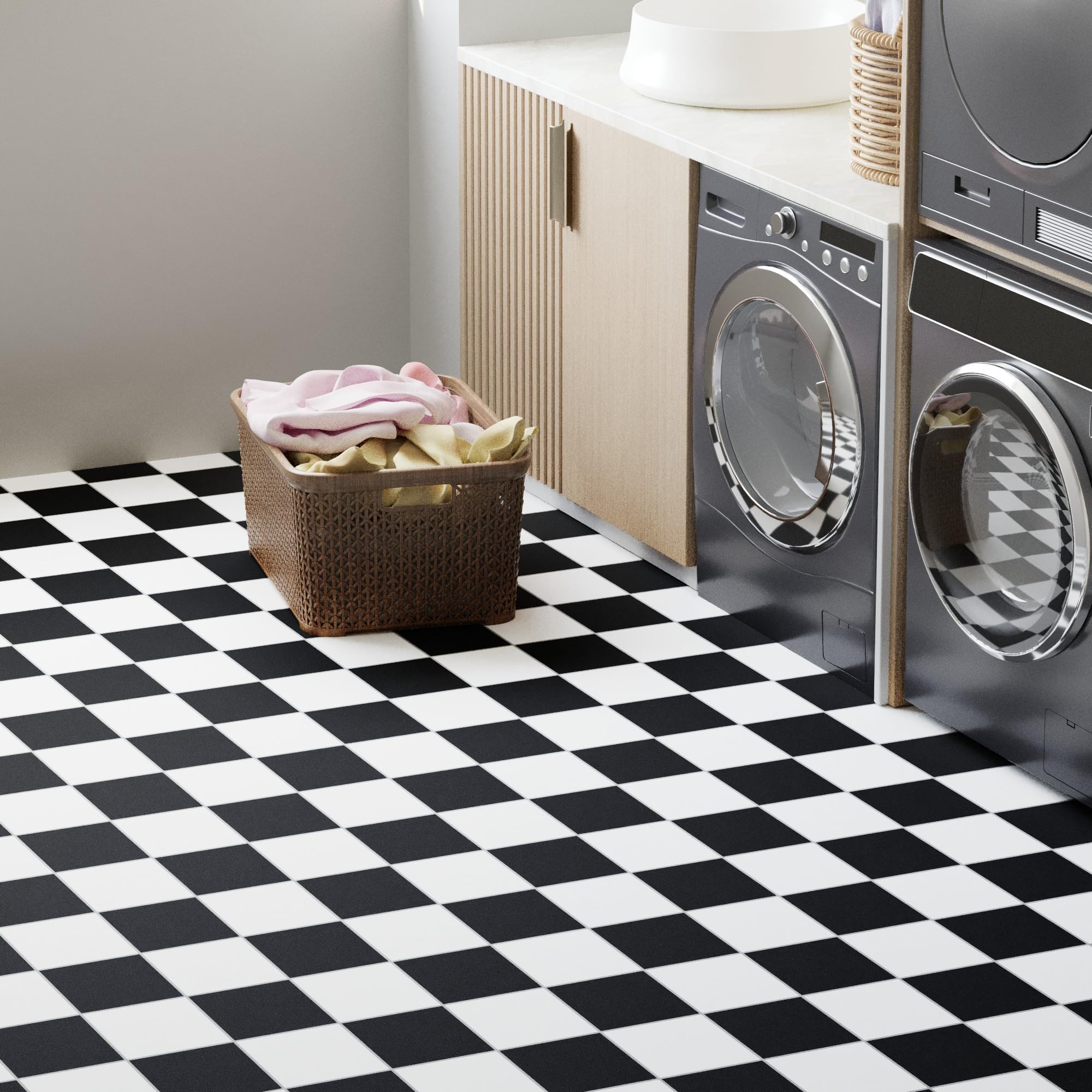 Homease Lot 50 carreaux sol autocollants PVC Antidérapant Imperméable Découpable Aspect carrelage Cuisine Salon Balcon Échiquier blanc mat 4,5 m²