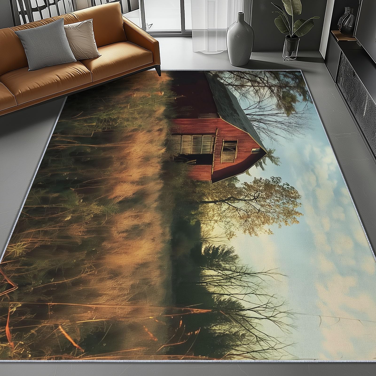 Dywan 100 x 150 cm, krajobraz, stodoła, z krótkim włosiem, do salonu, sypialni i korytarza – antypoślizgowy, odporny na działanie wody i można prać w pralce, nowoczesny design, czerwono-żółty