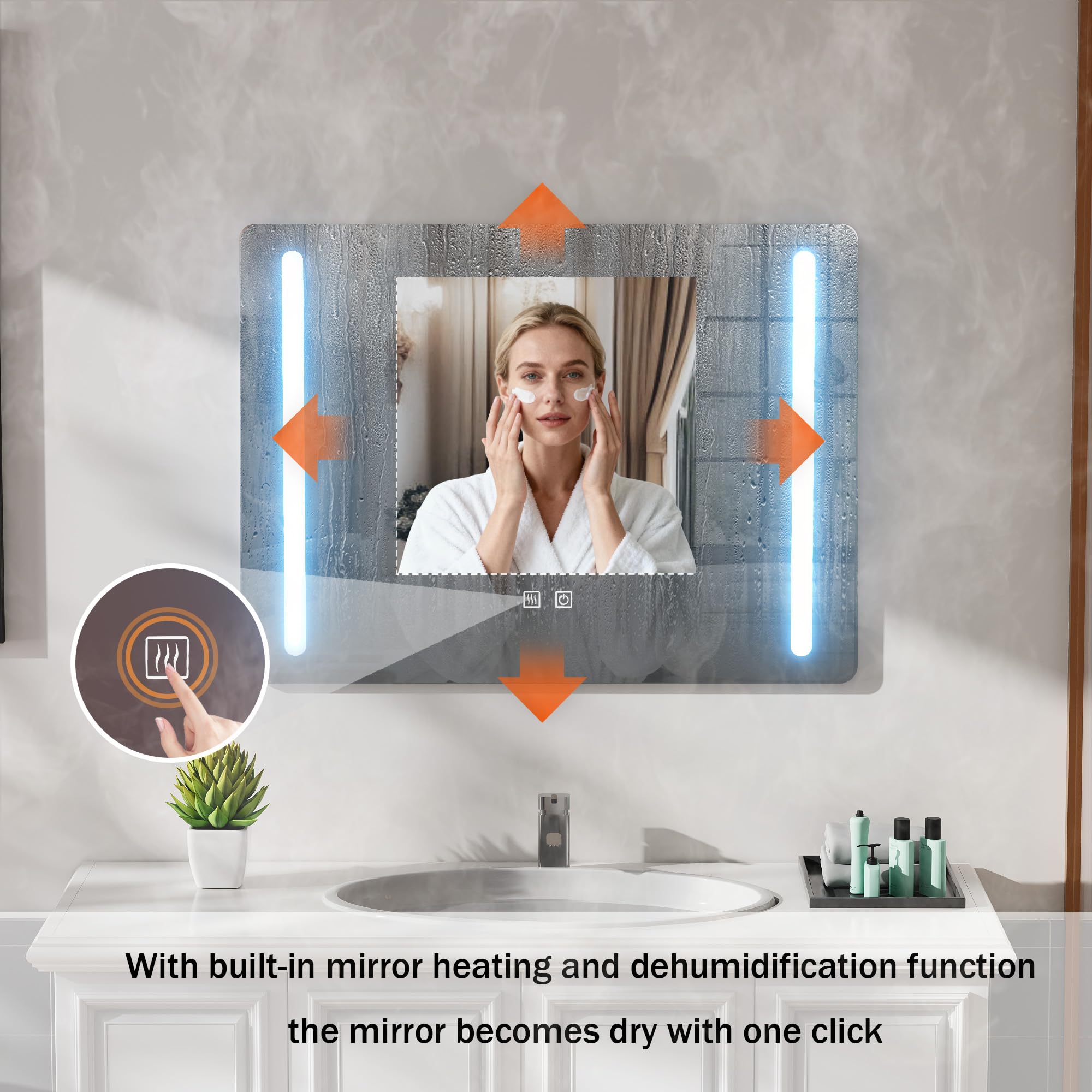 Espejo de baño con luz y antivaho, 80 x 60 cm, rectangular, espejos de pared para baño con LED iluminado, ajustable en 3 colores (enchufe estándar europeo)