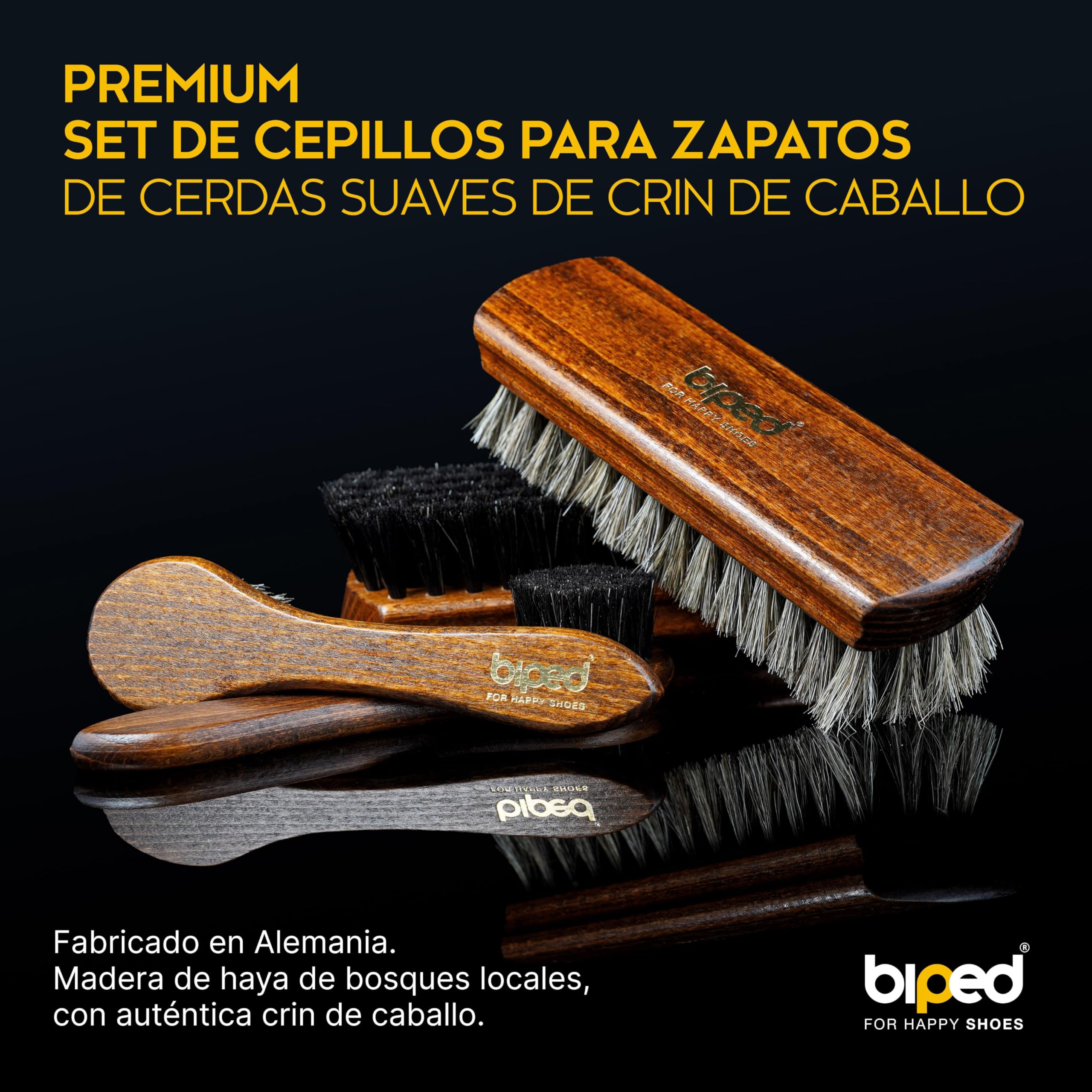 Biped Set de 4 cepillos para Zapatos Classic con Mango de Haya – 2 para aplicar betún + 2 para abrillantar con Crin de Caballo – Completo Kit de Cuidado del Calzado en Caja Regalo z2487