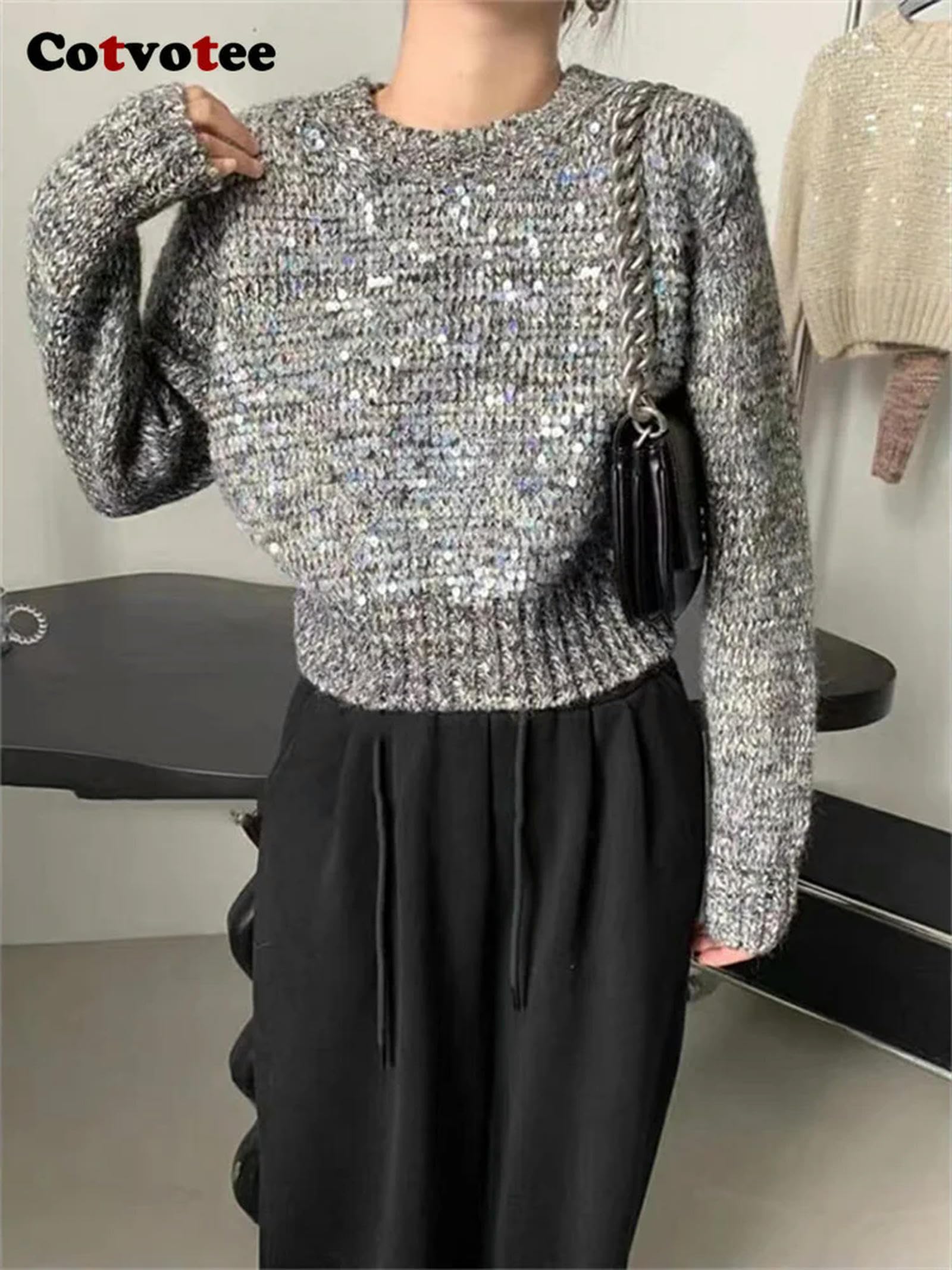 MdybF Damski sweter cekinowy sweter damski na jesień i zimę moda z długim rękawem okrągły dekolt sweter na co dzień dzianinowy sweter retro