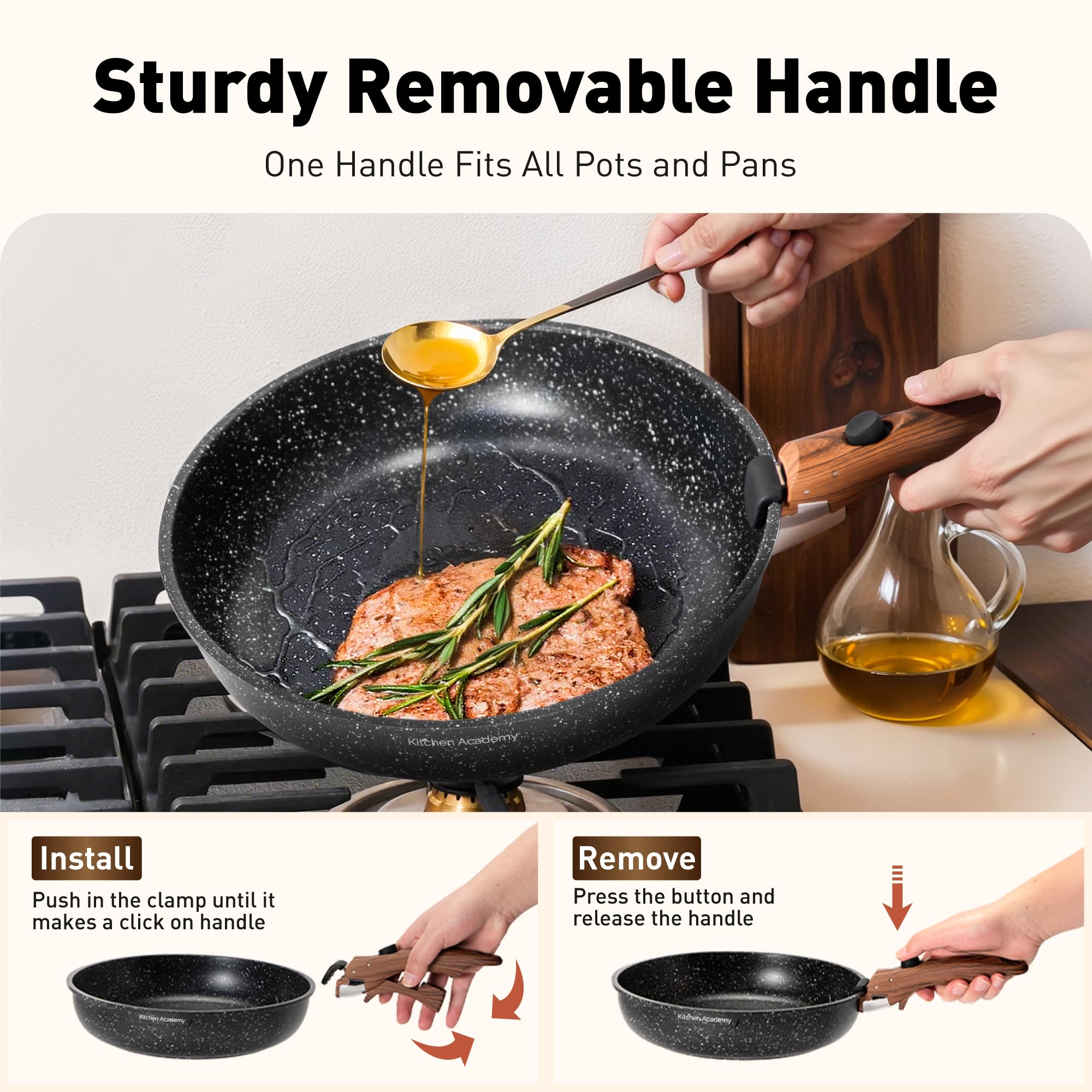 Kitchen Academy Set di pentole da 10 pezzi, Set di pentole e padelle con coperchi in vetro, Rivestimento in marmo, Rivestimento antiaderente, Adatto all'induzione, Manico liscio venato (Nero)