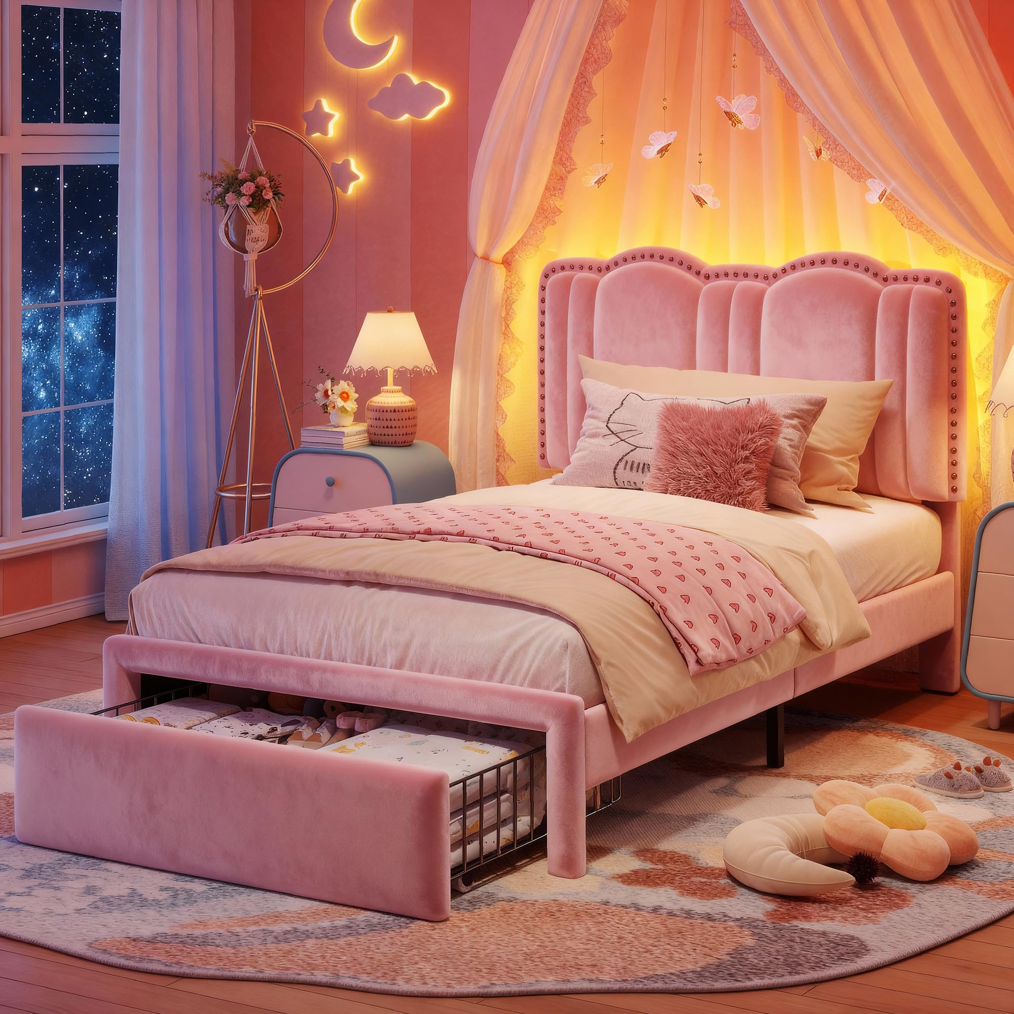 EnHomee Twin Bed Frame with Velvet Cloud Headboard, Storage Drawer and LED, Headboard Height Adjustable, Strong Support, No Box Spring Needed, Easy