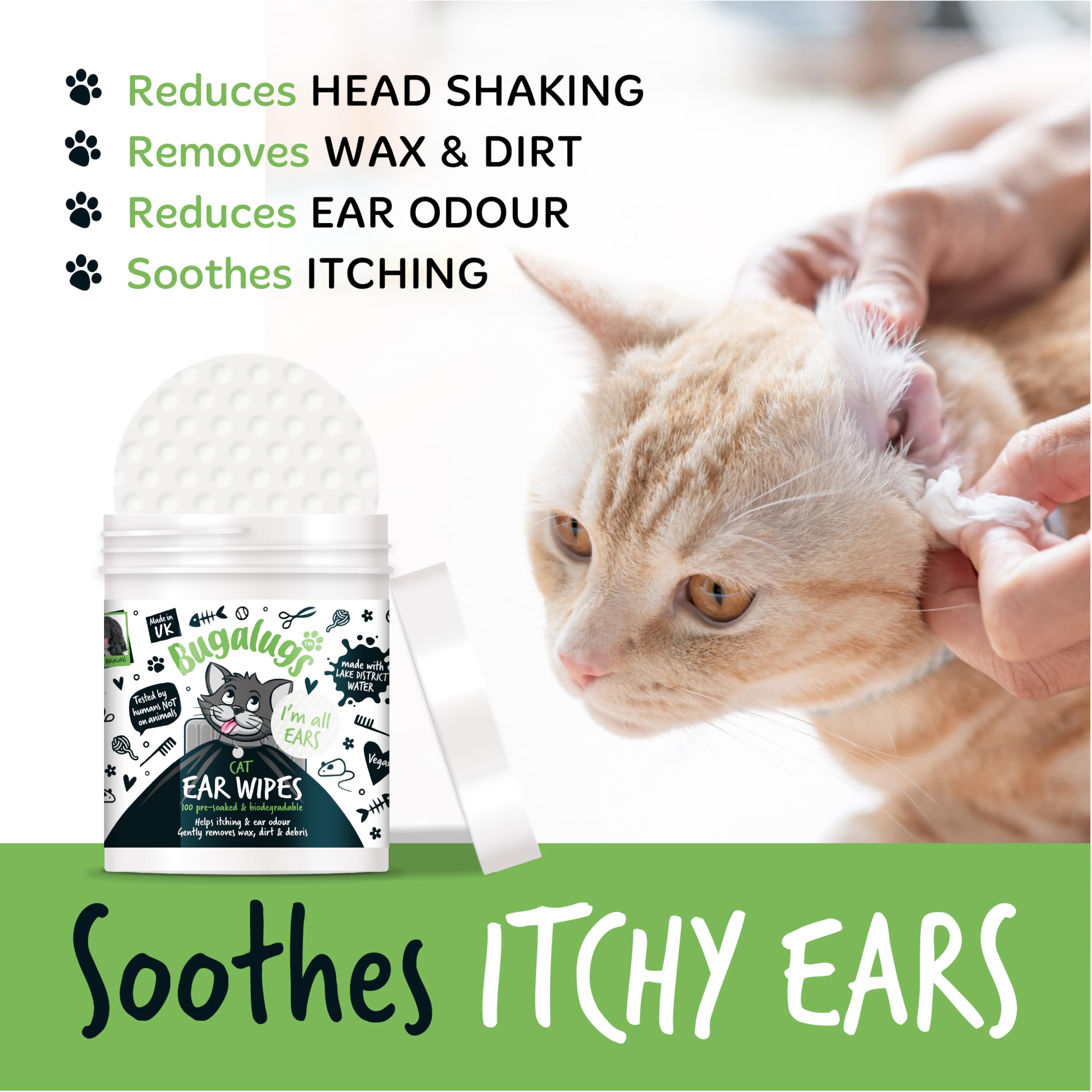 BUGALUGS - Toallitas Calmantes para Limpieza de Oídos de Gatos - 100 Unidades - Aloe Vera & Hamamelis - Control de Cera - Higiene Auricular - Alivio de Picor - Uso Diario - Fórmula Natural y Suave