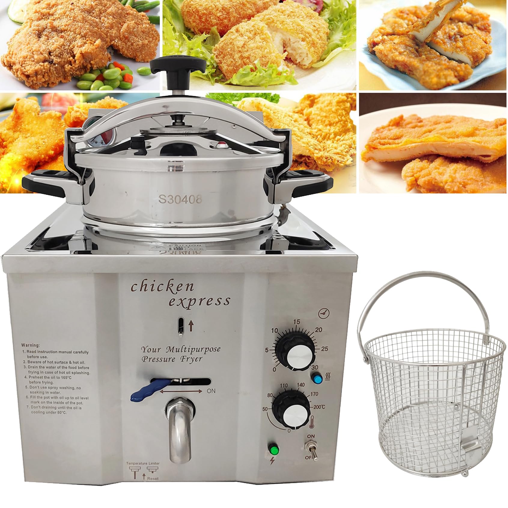 INTBUYING 16L Commercial Electric Pressure Fryer 2.4KW 110V Stainless Steel High-Pressure Deep Fryer Countertop Fried Chicken Stove with Basket/Timer/Thermostat for Chicken Meat Fish French Fries