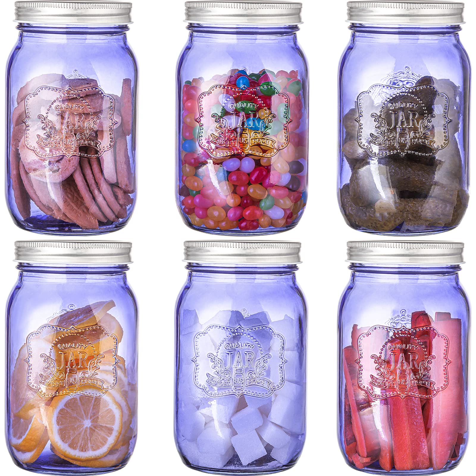 Claplante6 Pack Mason Jars, 32 oz Regular-Mouth Glass Storage Jar with Metal Airtight Lids, Modern Design Food Storage Container, Kitchen Canisters, Food Storage Canister for Canning (BLUE）