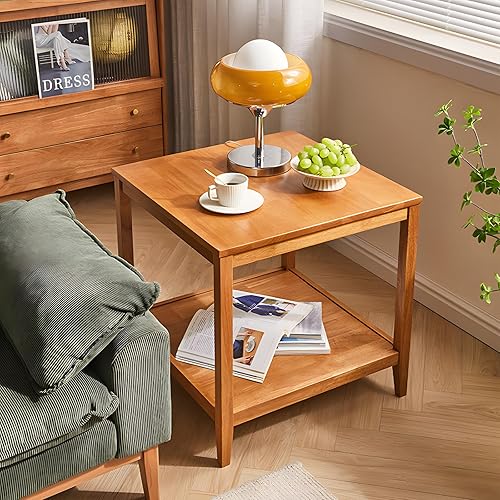 Miniatura 3 de Mesa auxiliar, mesa auxiliar cuadrada de madera maciza con estante de almacenamiento, mesa auxiliar de 2 niveles para sala de estar, mesa de sofá