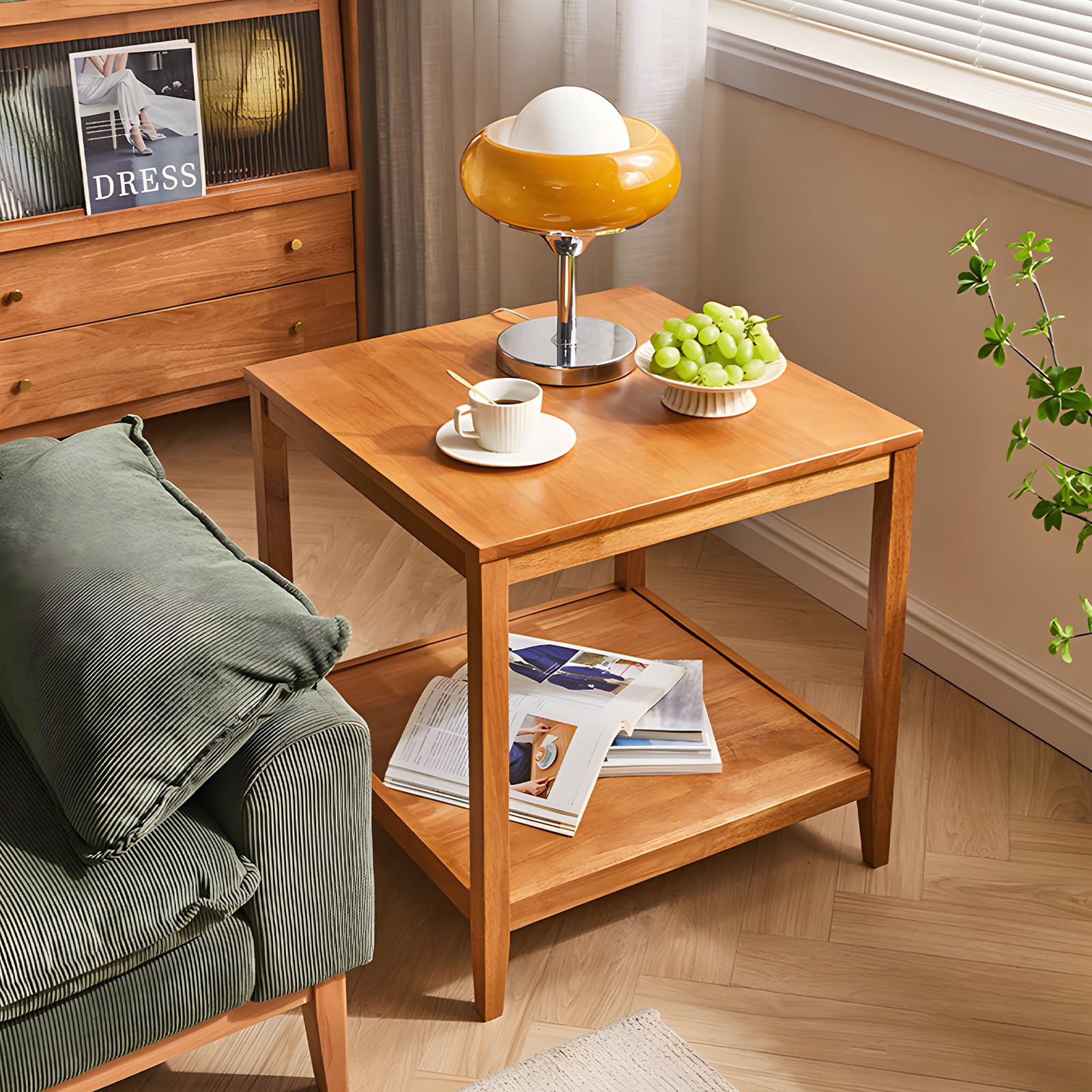 Beistelltisch aus Massivholz, Quadratischer Couchtisch mit Ablage, 2-Ebenen Kaffeetisch für Wohnzimmer, Nachttisch aus Gummibaumholz, 60 x 60 x 60 cm (Natur)