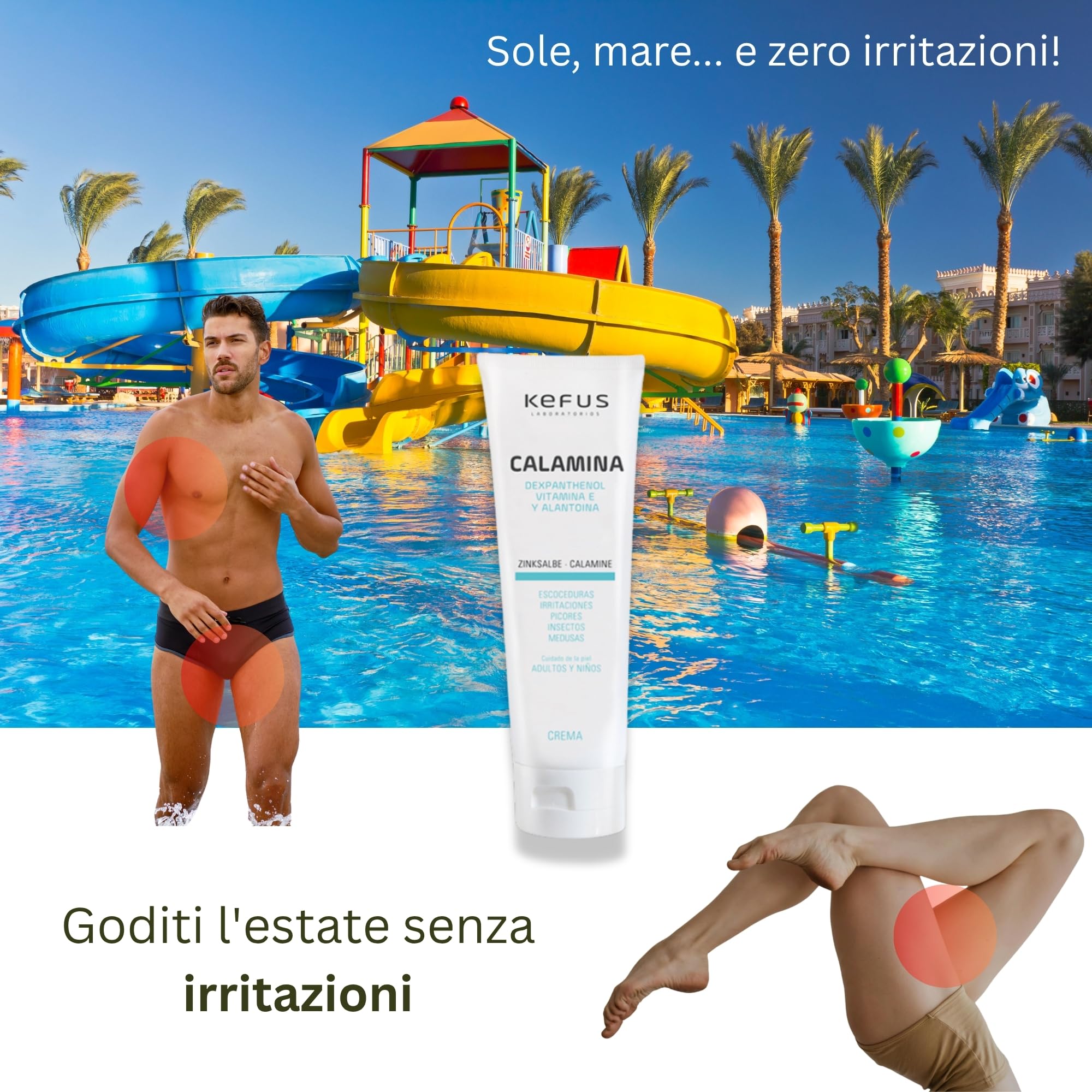 Kefus Crema Calamina con Dexpantenolo, Allantoina e Vitamina E. Astringente, assorbente e protettiva per la pelle. Previene e migliora le eruzioni cutanee, allevia le punture di insetti e meduse. 75 g