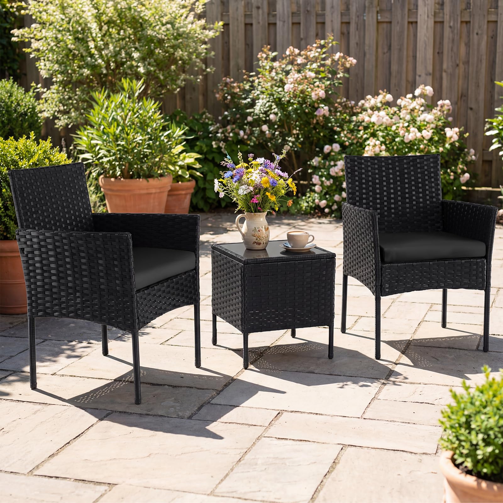 COSTWAY Rattan Gartenmöbel Set, Balkonmöbel mit 2 Stühlen & Gartentisch, wetterfeste Outdoor-Sitzgruppe mit Sitzkissen, 3-teiliges Terrassenmöbel Set für Garten und kleinen Balkon (Schwarz)