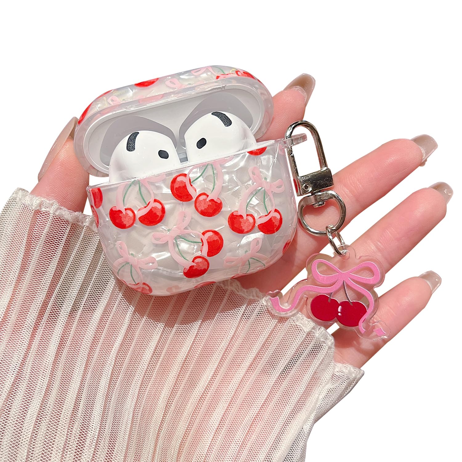 MINSCOSE for Cute Glitter AirPods 4 Case,Shell Pattern Cherry Bow Trendy Design with Keychain,Protective Shockproof Cover for Airpods iPod 4th Generation for Women Girl-Red