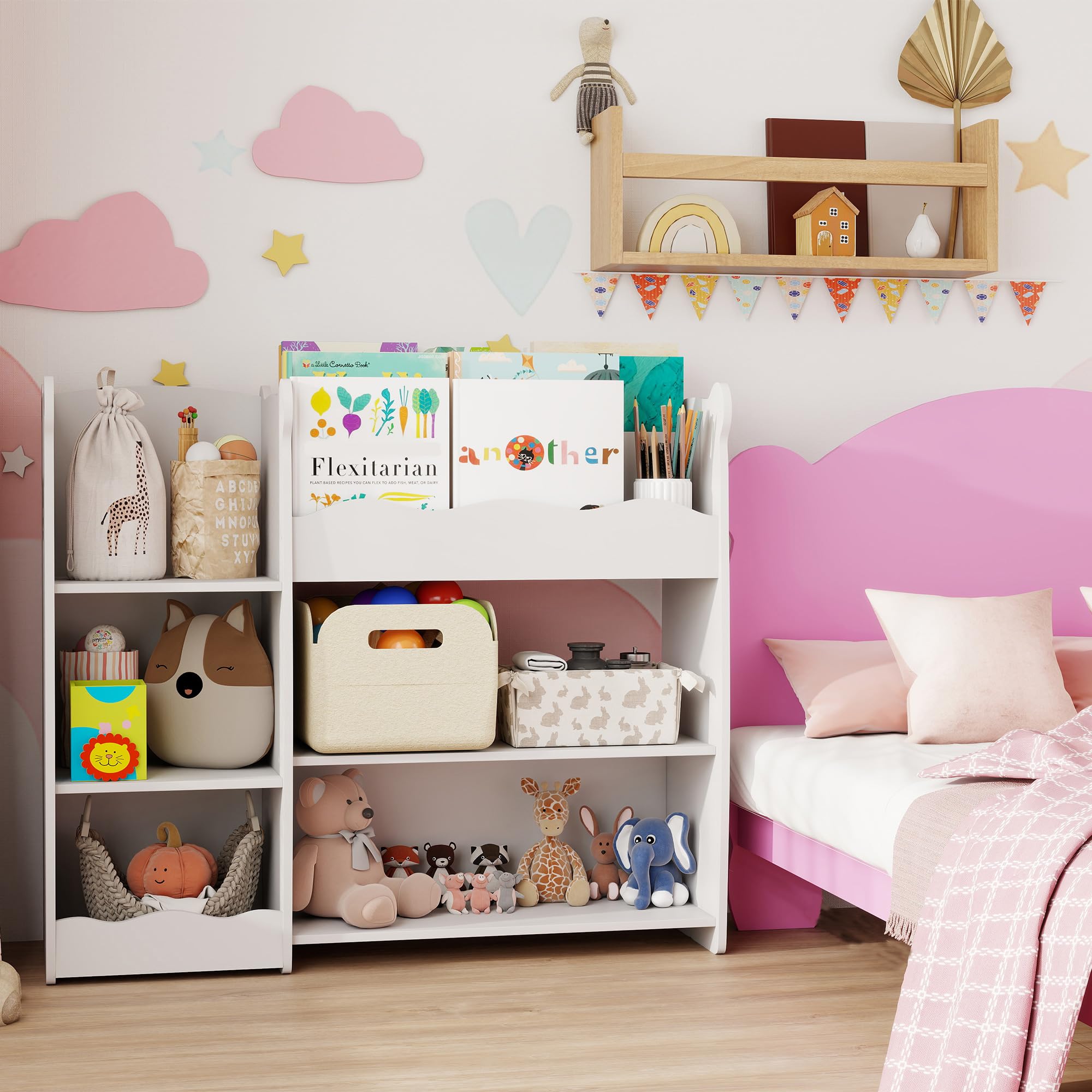 AIYAPLAY Scaffale per giocattoli per bambini con ripiani aperti, scomparti, design con orsacchiotti, organizer per giocattoli per camera da letto, sala giochi, asilo nido, bianco