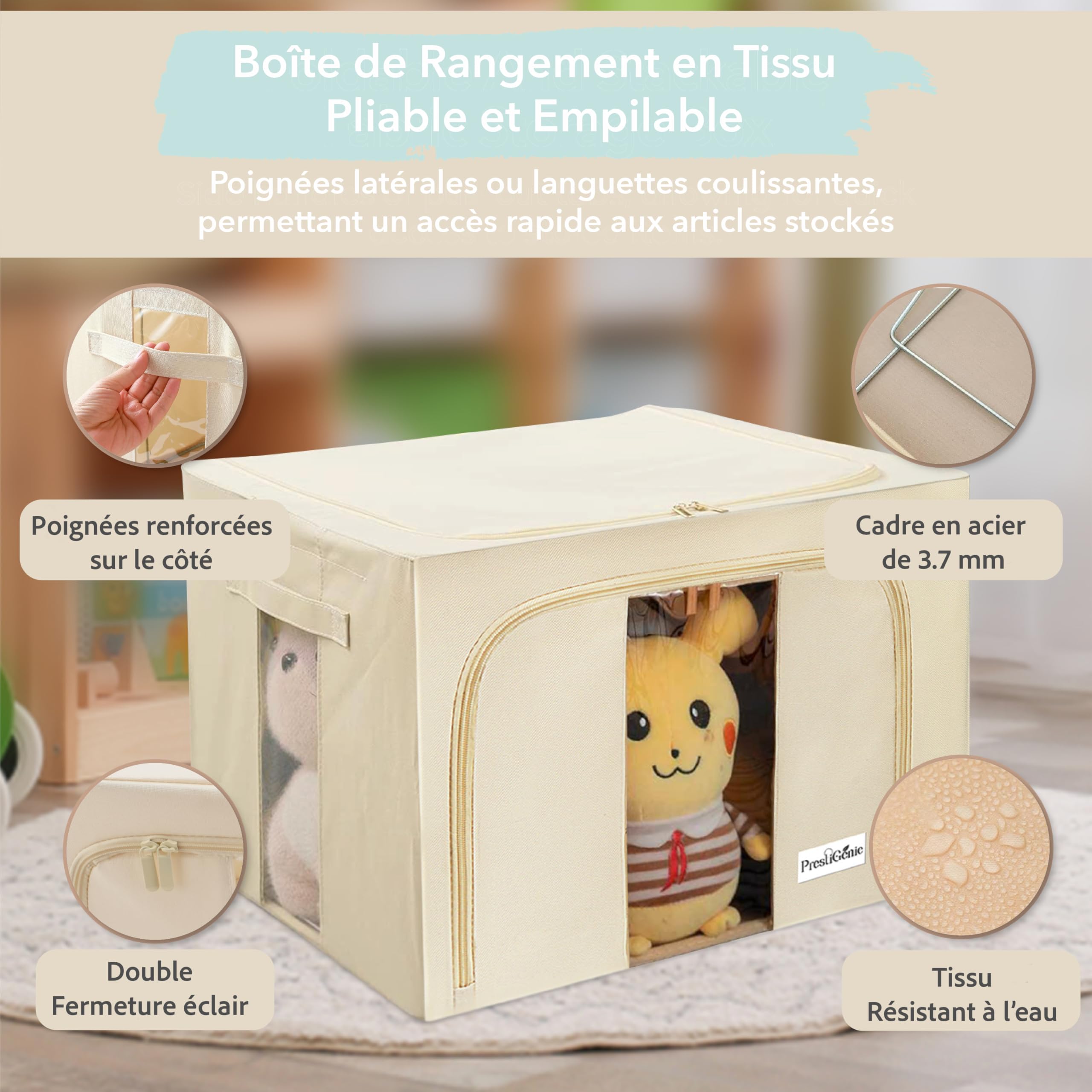 Lot de 3x 66L Sac de rangement vetement penderies rigide en tissu - Organisateur vetement - Boite de rangement vetement Couverture et oreiller avec Fenêtre transparente