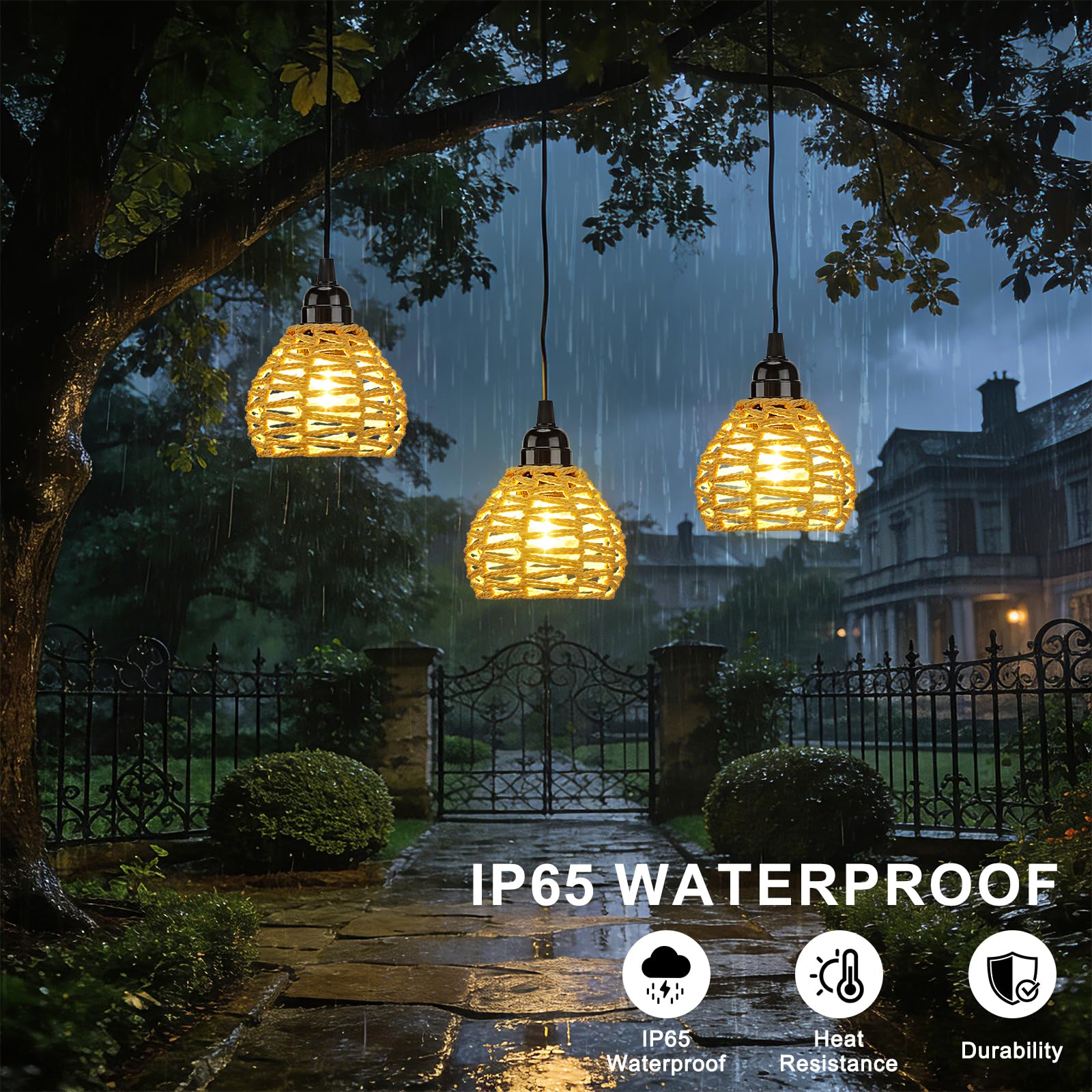 Lampada a Sospensione a Batteria, 3 Lampadario Rattan da Esterno Con Telecomando, Regolabile, Timer, IP65 Impermeabile Per Interni Gazebo Giardino Campeggio pranzo