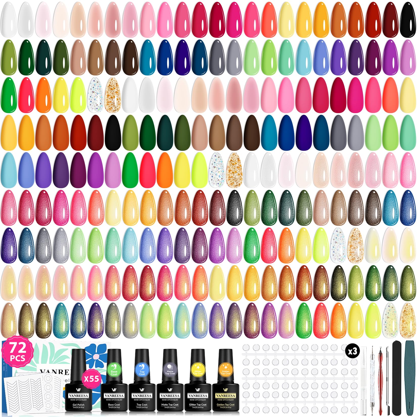 VANREESA 72-Piece Gel Nail Polish Set, 55 Colors & Manicure Tools