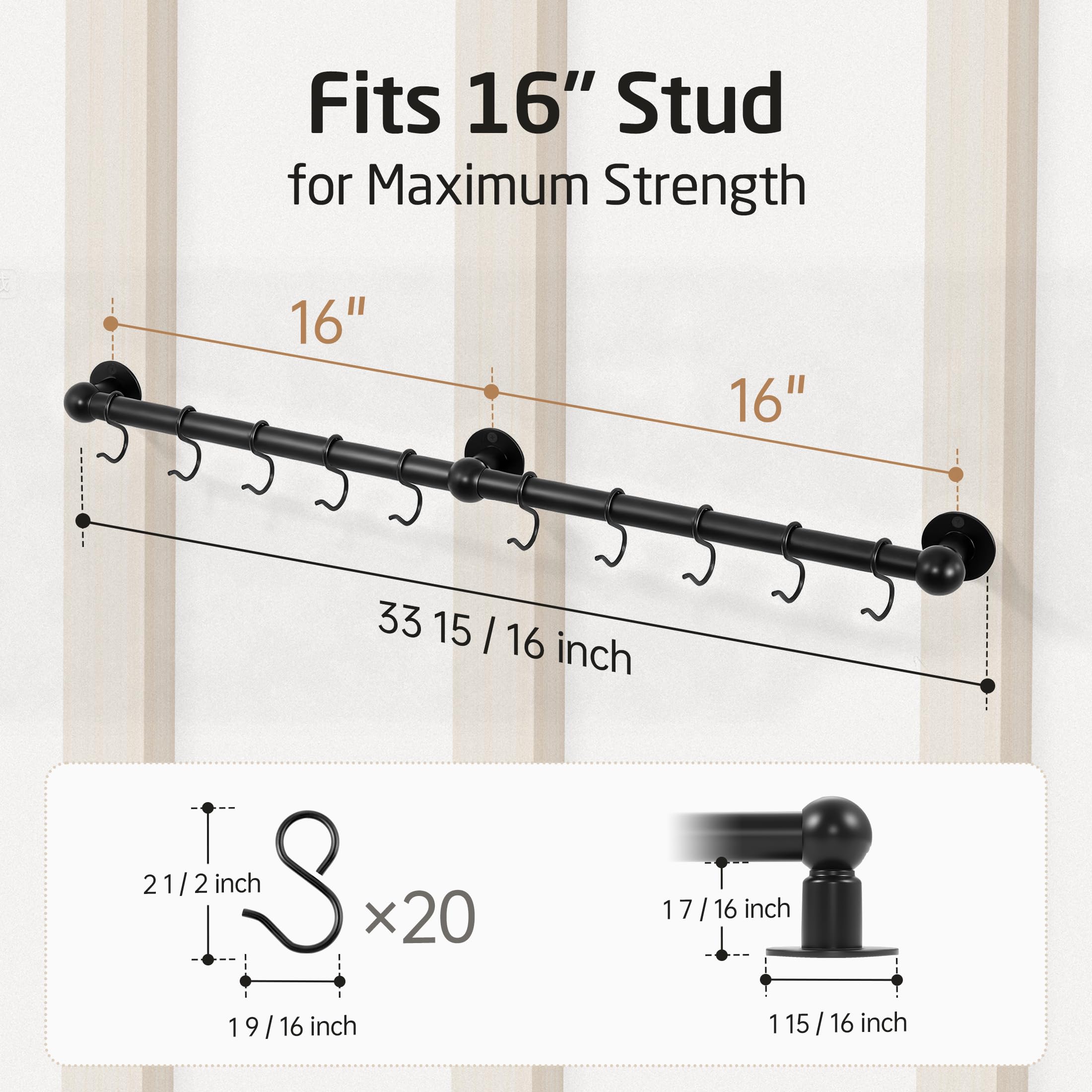 KES KUR228S32-BK Étagère murale haute capacité de 59 kg avec 3 tubes épais, cintres de 81,3 cm pour cuisine avec 10 crochets, vis en acier inoxydable 18/8 et gabarit de perçage pour montage à goujon