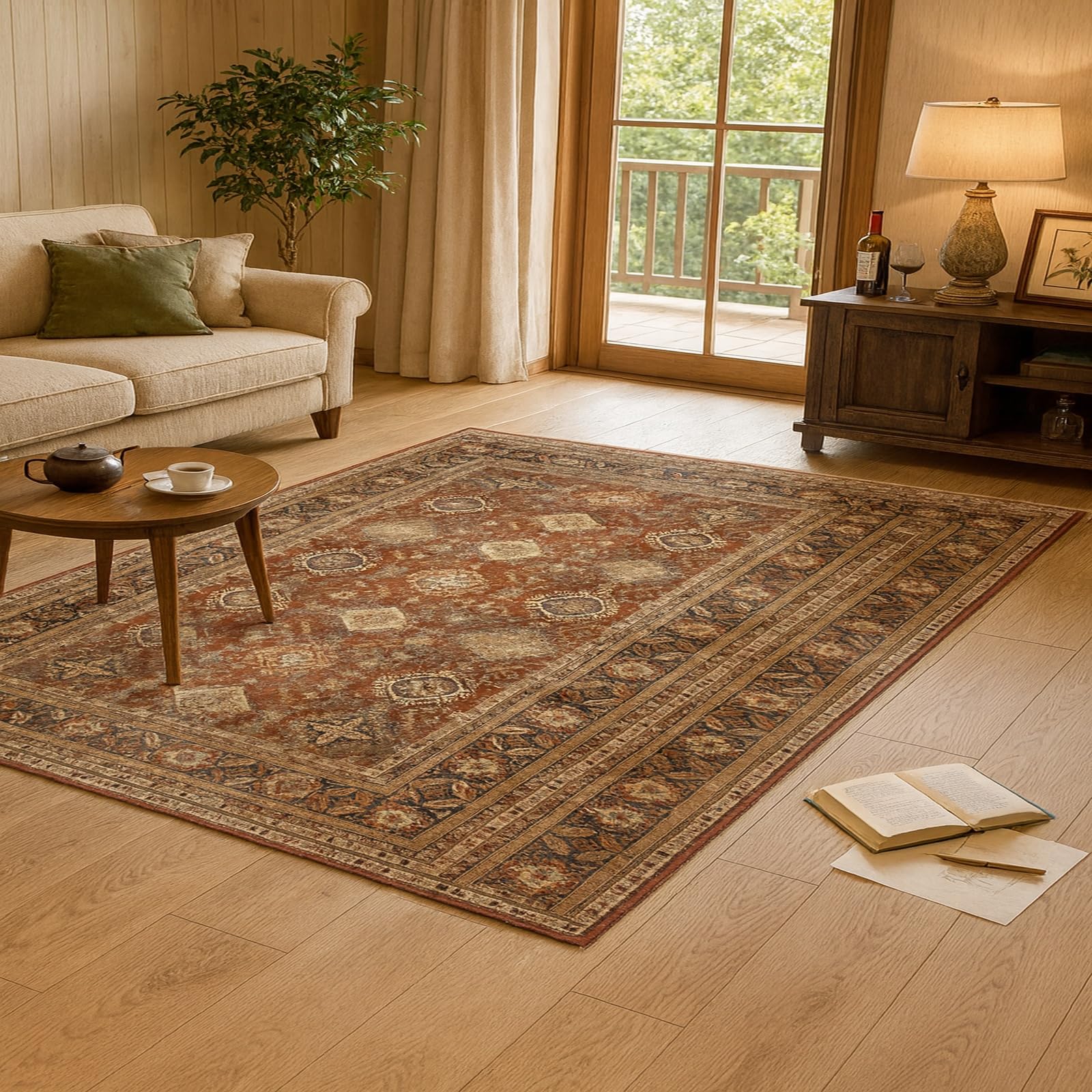 Tapis salon courte pile rouge traditionnel lavable vintage 100x160