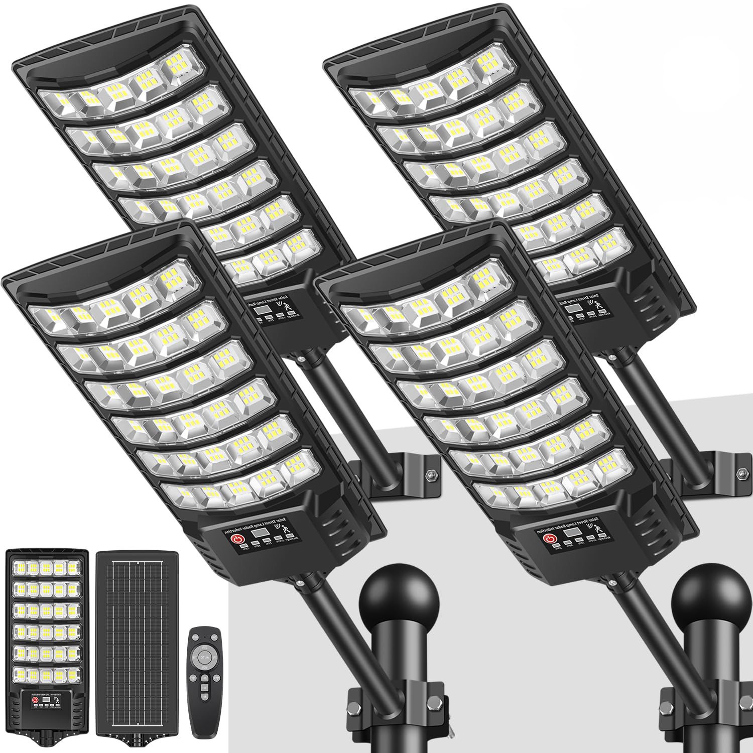 PEAKRO Solar Lights Outdoor Waterproof, Solar Street Light Motion Sensor with Remote Control, 6500K Dusk to Dawn Flood Security Lights for Garden Yard Parking Outside (4 Pack)