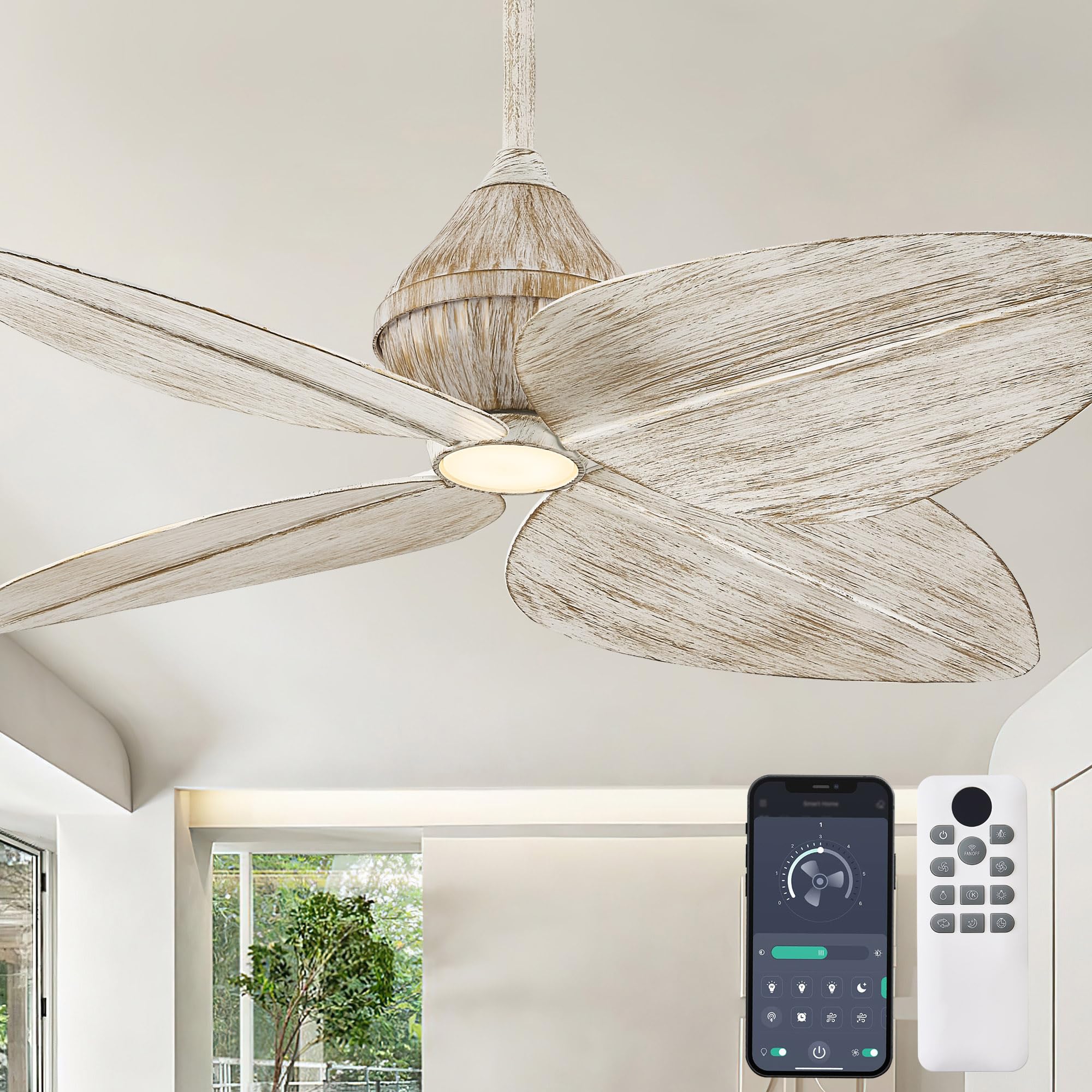 Photo 1 of LVYEAYOU 52“ Leaf Ceiling Fans with Lights, (Rustic White Gold)