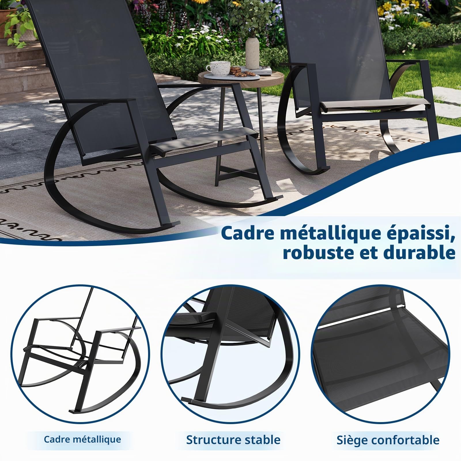 Garvee Confort surdimensionné – Fauteuil à Bascule d'exterieurérieur Jardin – Cadre en métal Solide – Parfait pour terrasse, Piscine, Patio – Gris