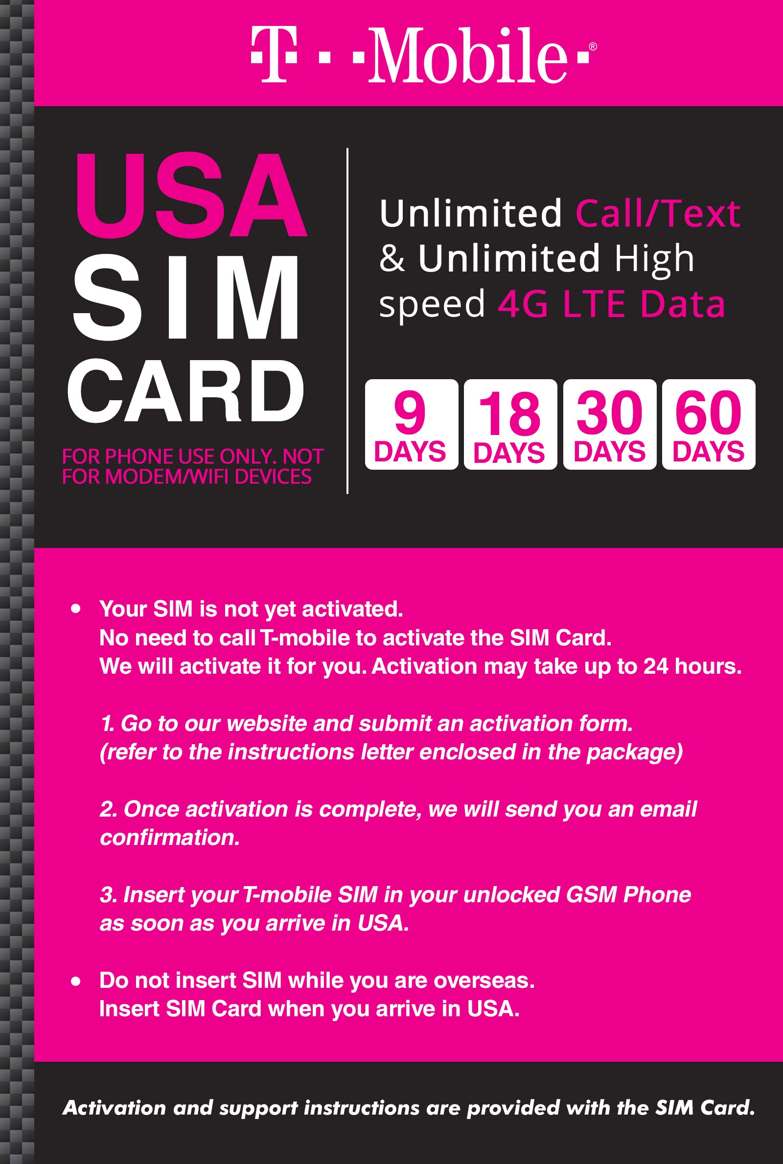 T-Mobile Brand USA Prepaid Travel SIM Card Unlimited Call, Text and 4G LTE Data (for Use in USA Only) (for Phone Use Only. Not for Modem/WiFi Devices) (30 días)