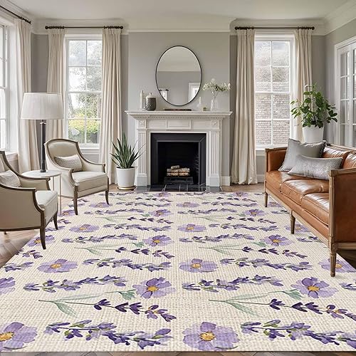 Miniatura 3 de Alfombra de área de 5 x 8 pies para sala de estar, alfombra de dormitorio floral lavanda, alfombra lavable antideslizante, alfombra de verano con