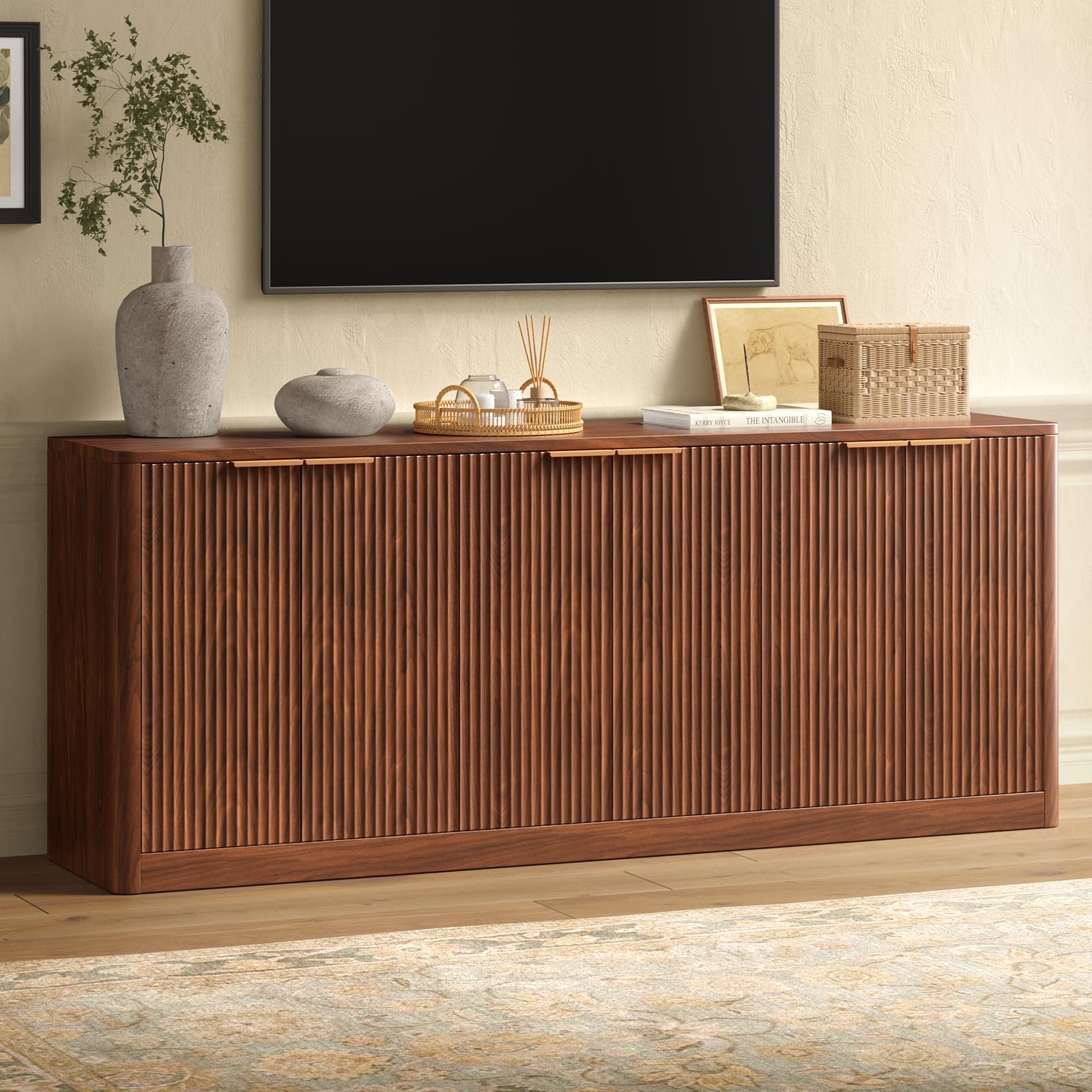 Evermagin 67" Walnut Fluted TV Stand for TVs up tp 75", Mid-Century Modern Entertainment Center with Storage Cabinets and Fluted Doors, Wood Media TV Consoles for Living Room and Bedroom Furniture Walnut 67" TV Stand Only