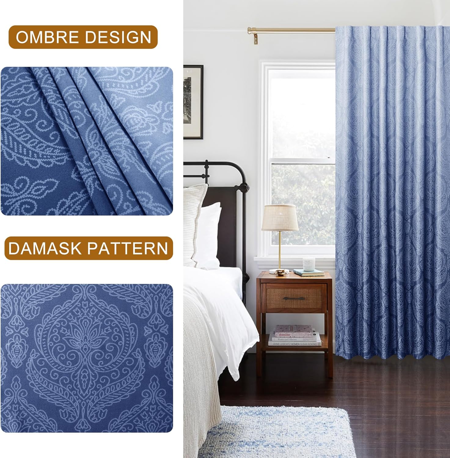 DWCN Navy Ombre Curtains for Bedroom 84 inches Length - Back Tab Ombre Damask Design Thermal Insulted Window Drapes with Tiebacks Blackout Curtains for Living Room, 2 Panels, W52 x L84, Navy Navy 52"W x 84"L (Pack of 2)