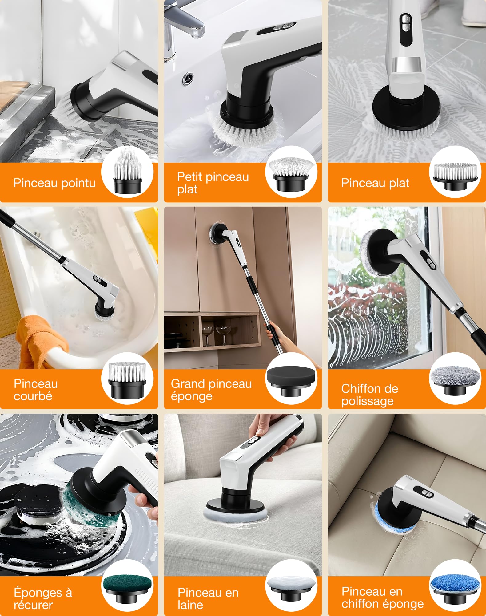 Brosse Nettoyage Électrique avec 9 Têtes, Manche Extensible, 3 Vitesses, Étanche IPX8, Batterie de 3000 mAh, Brosse Rotative Nettoyage avec Éclairage LED pour Salle de Bain, Cuisine, Sols