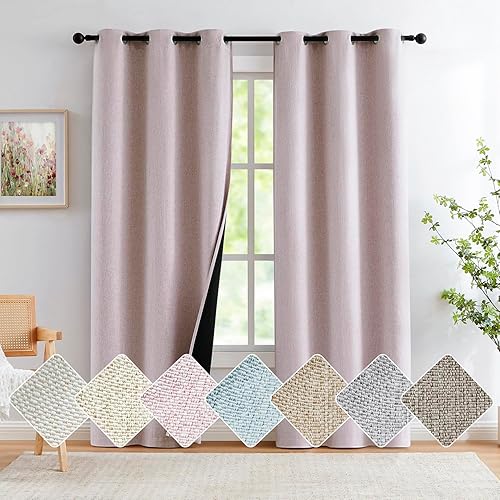 Paneles de cortinas opacas de color rosa para habitación del bebé, 63 pulgadas de largo con aislamiento térmico, cortinas de lino de arpillera con